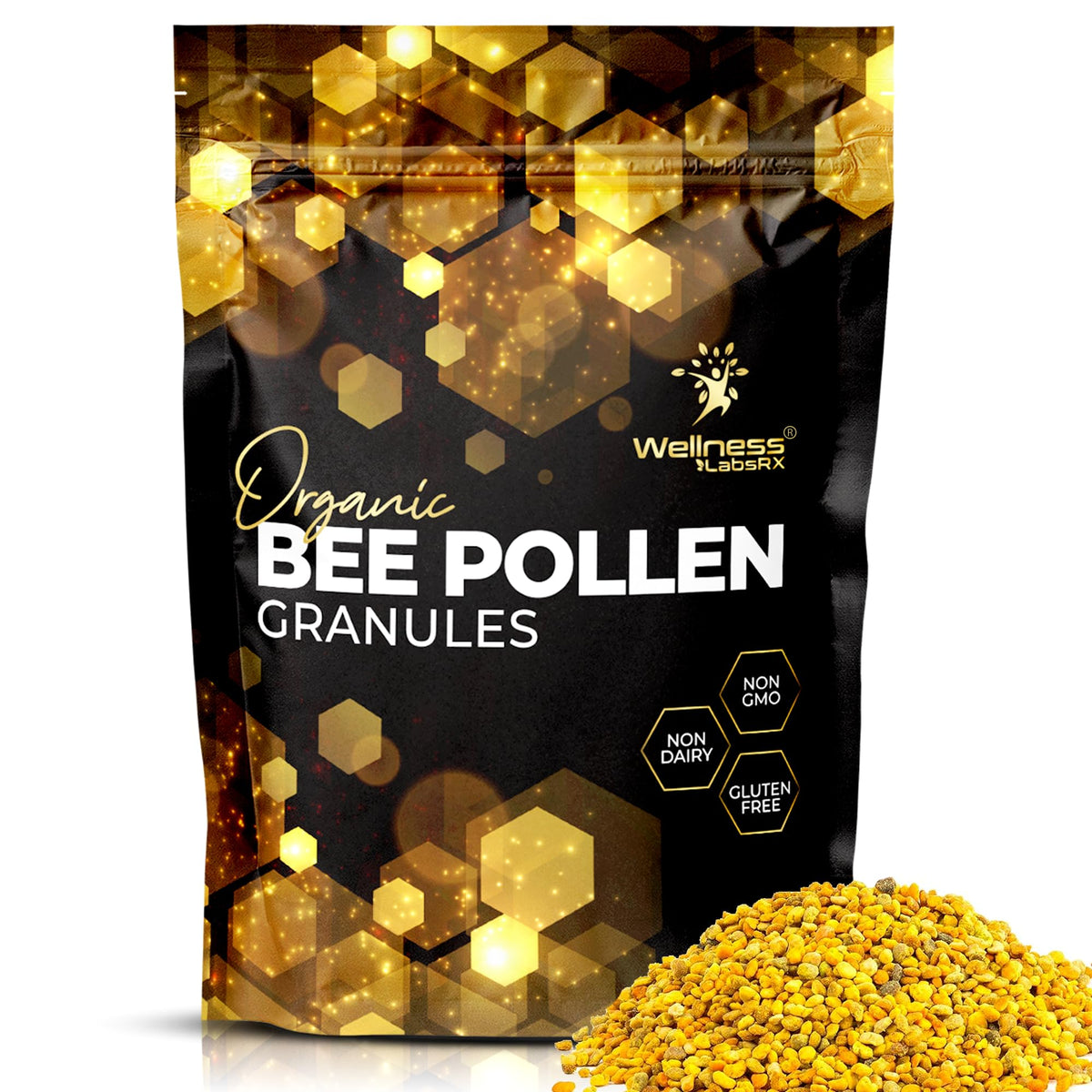 WELLNESS LABSRX envase frontal mostrando polen en gránulos y beneficios nutricionales