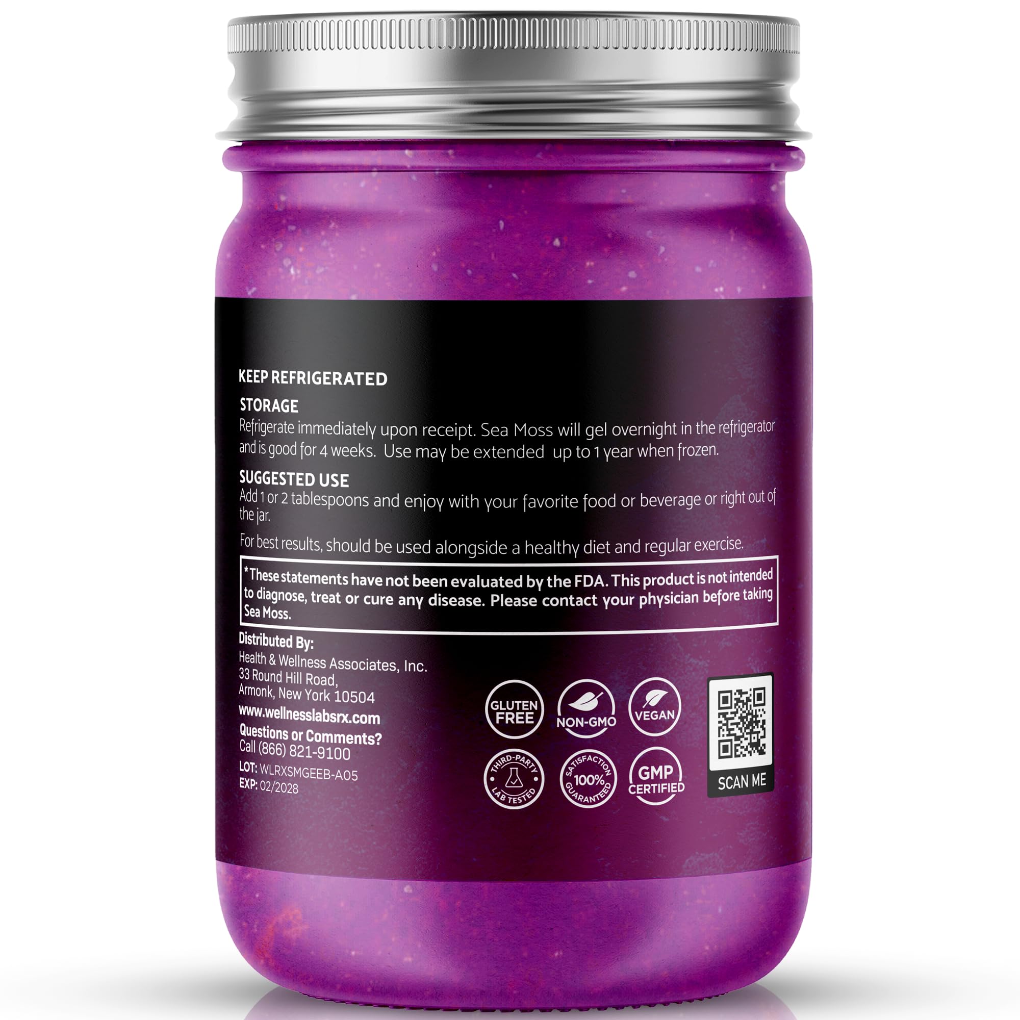 WELLNESS LABSRX detalle de tapa y etiqueta informativa, beneficio almacenamiento seguro