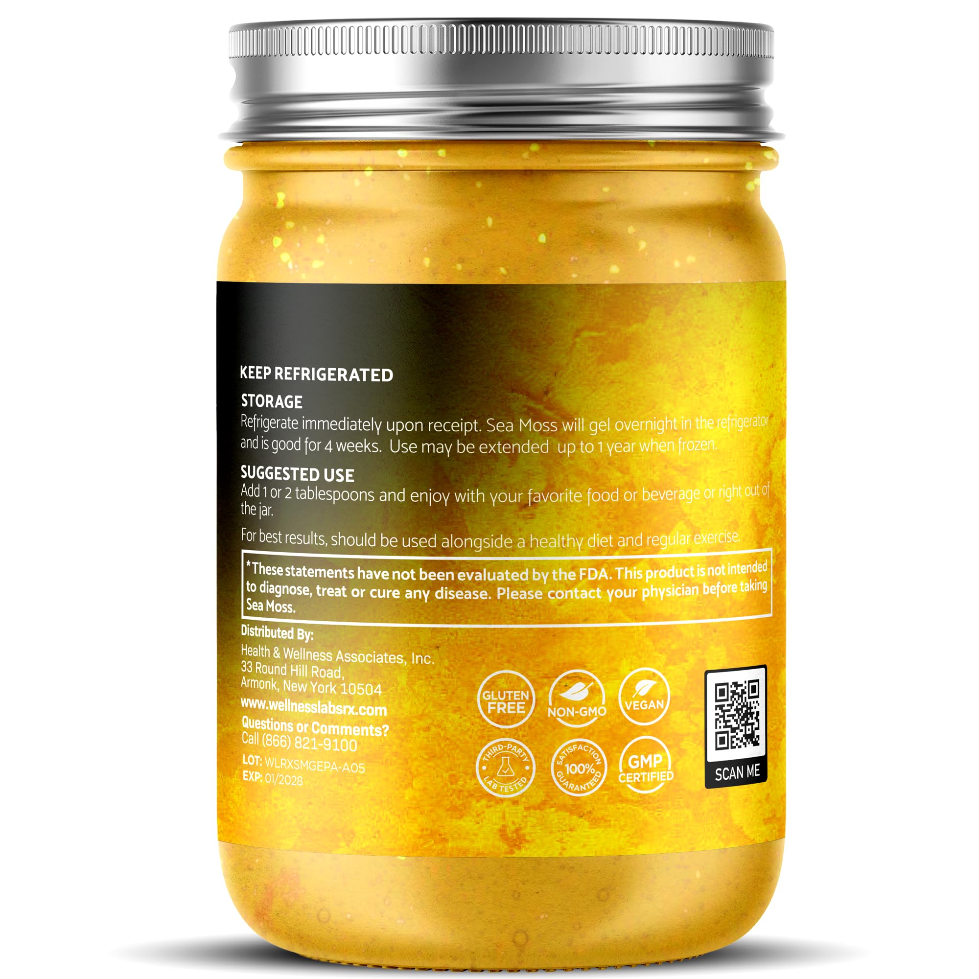 WELLNESS LABSRX tapa y etiqueta con información de origen caribeño