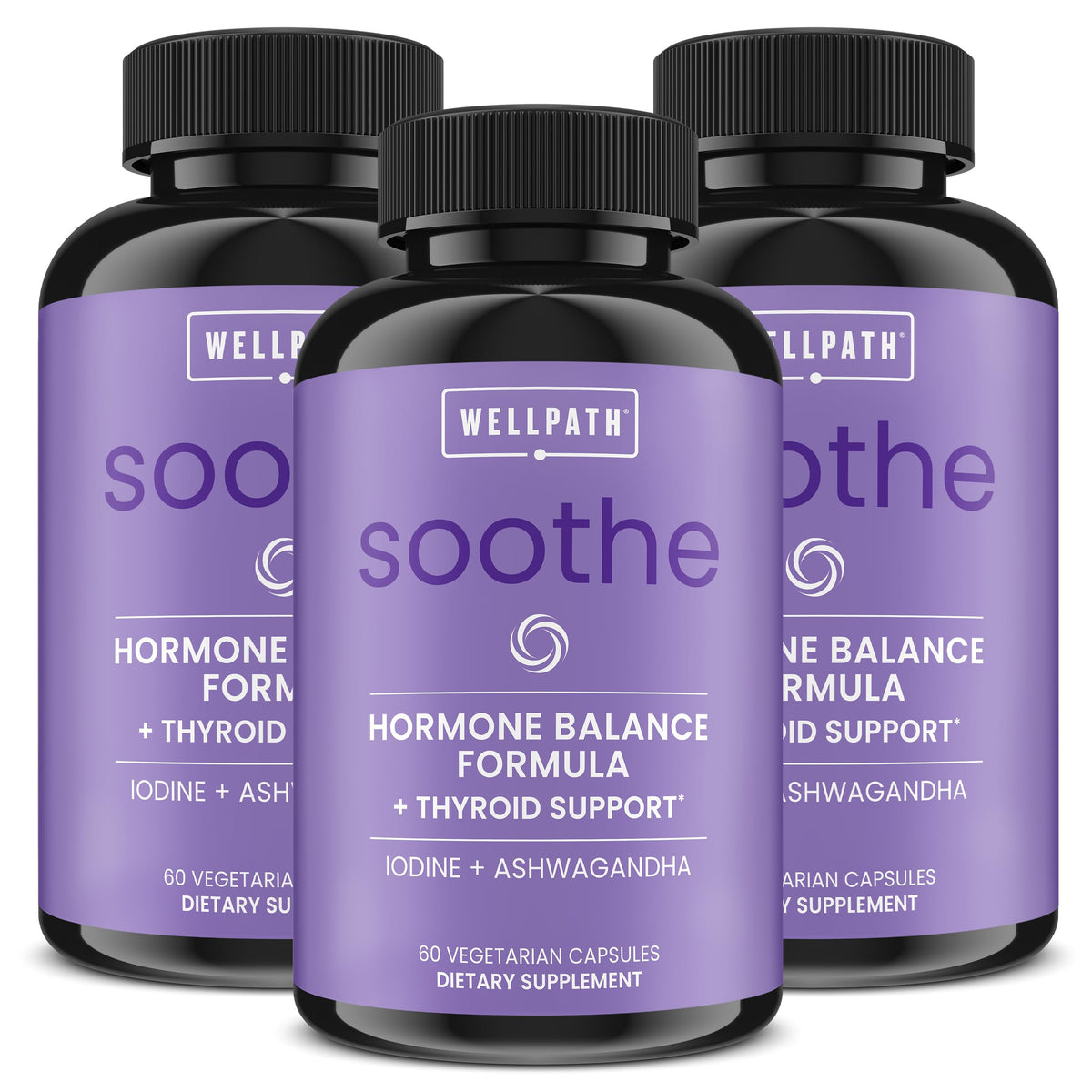 WellPath frasco Soothe frente mostrando etiqueta y beneficio de soporte hormonal