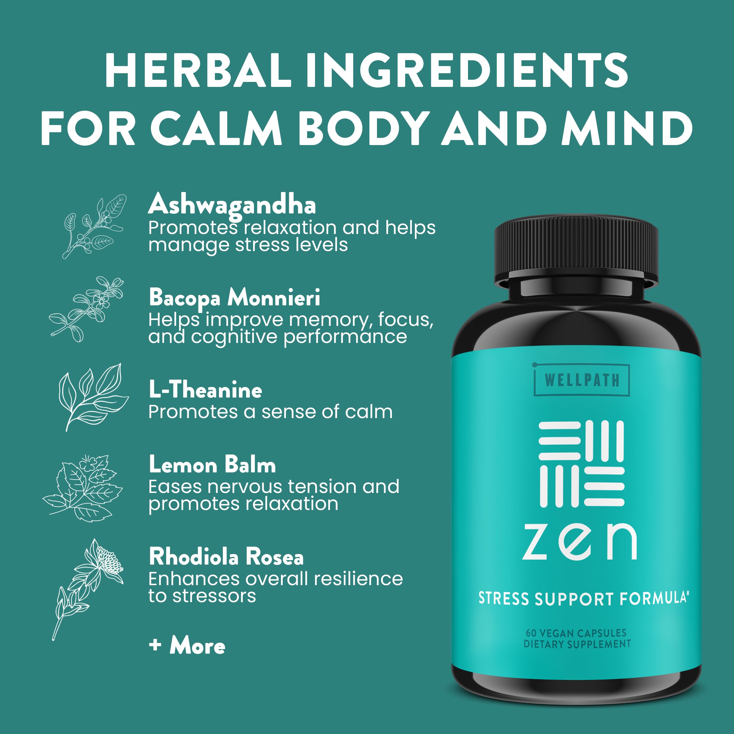 WellPath Zen collage de ashwagandha, rhodiola y melisa para apoyo adaptógeno