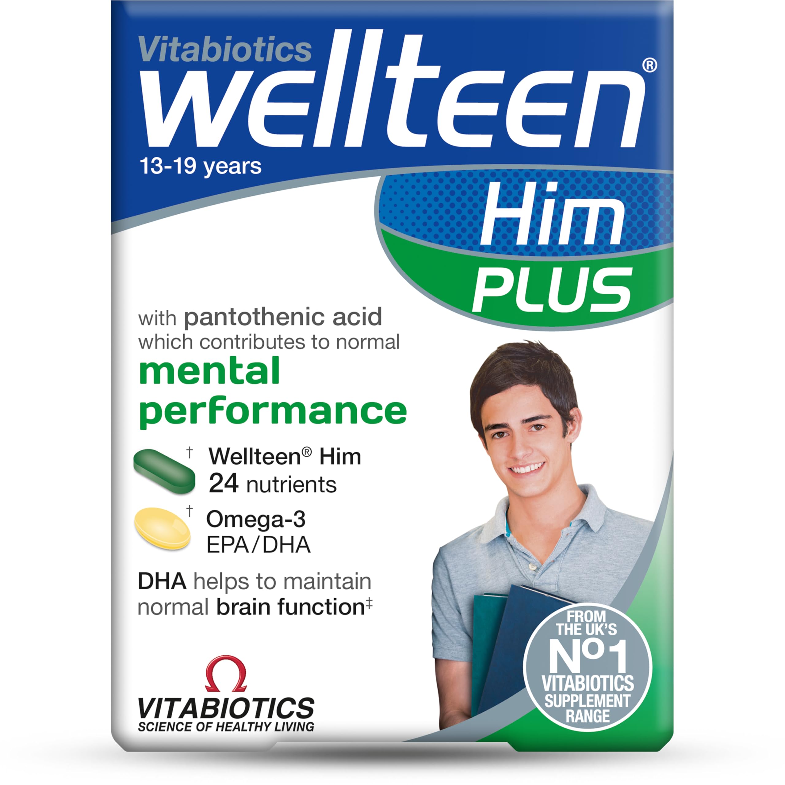 Wellteen Him Plus presentación frontal con cápsula Omega‑3, muestra suplemento completo y conveniencia