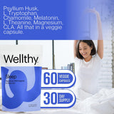 Wellthy botella junto a carpeta para comparar tamaño y cantidad de 60 cápsulas