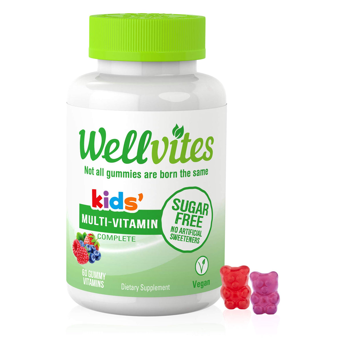 Wellvites envase frontal mostrando beneficios y fórmula sin azúcar