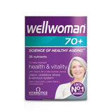 Wellwoman 70+ frente del envase mostrando diseño y cantidad de 30 comprimidos, fácil identificación