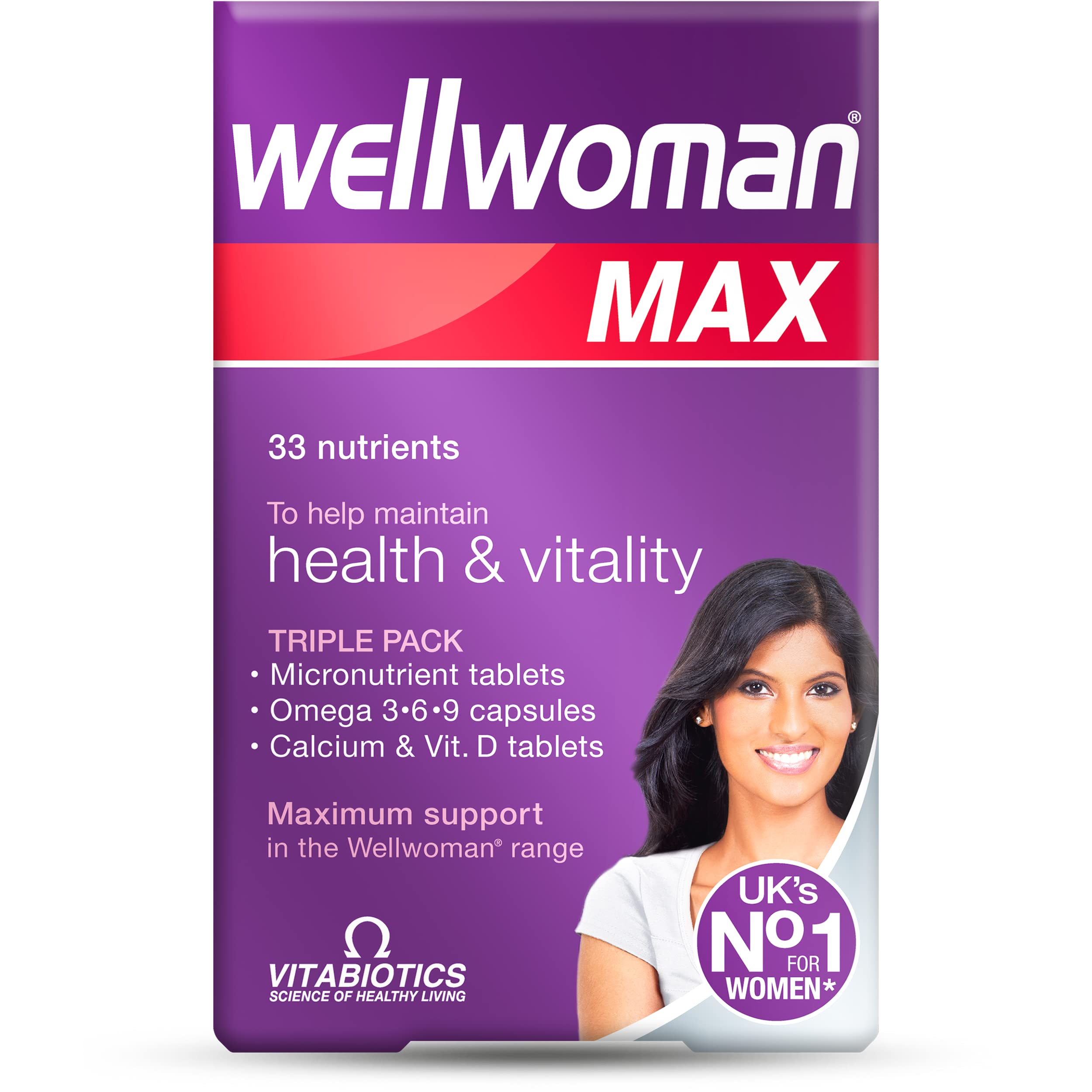 Wellwoman frasco frontal mostrando el pack 3 en 1 y conveniencia diaria