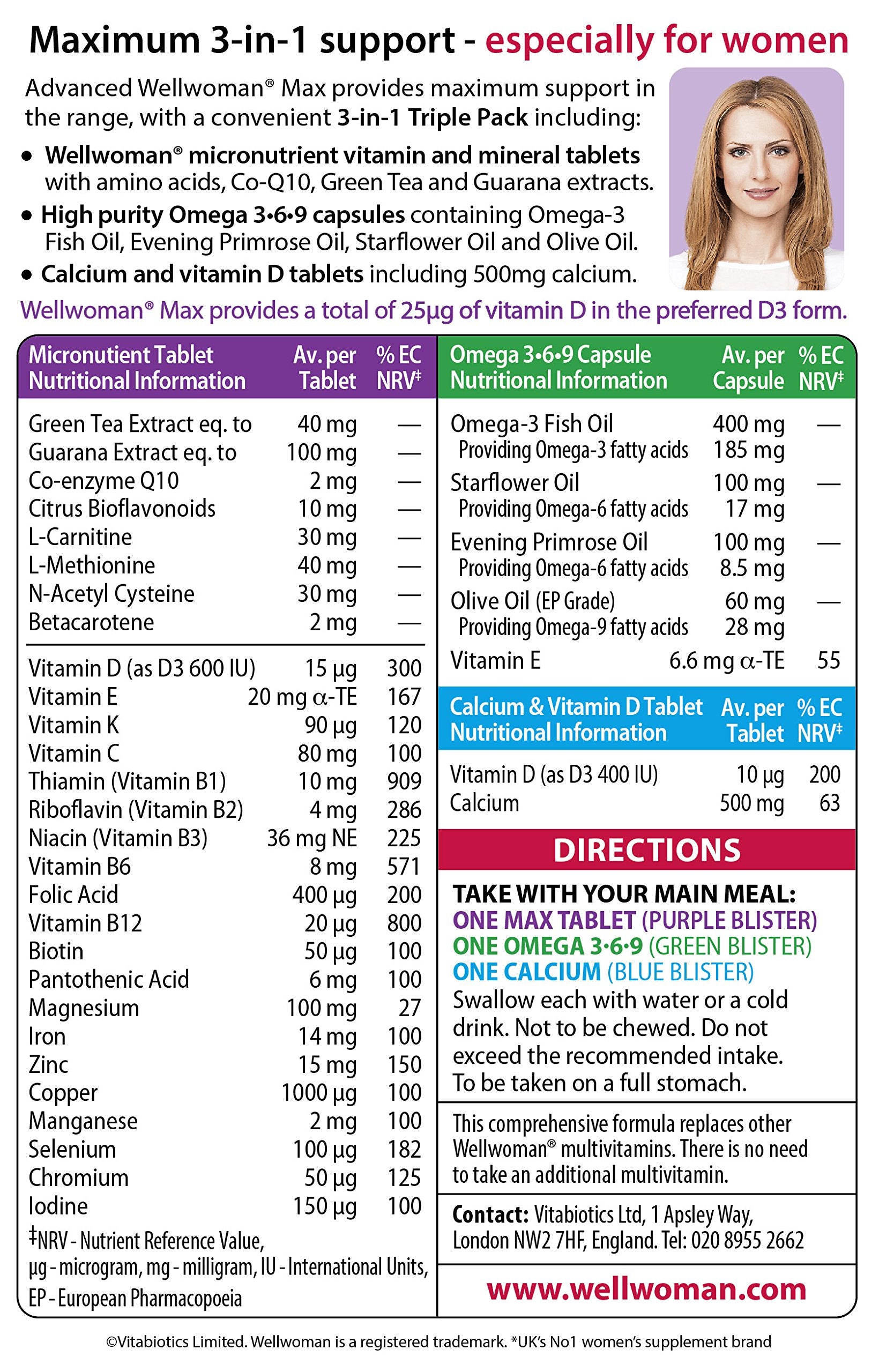 Wellwoman tabletas de calcio con vitamina D mostrando formato y dosificación