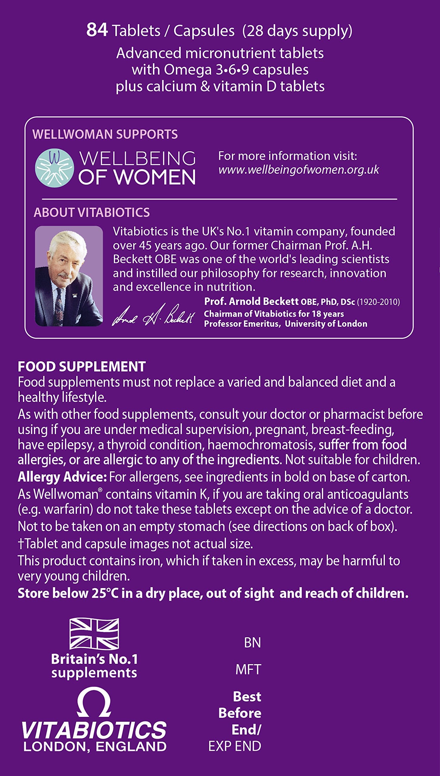 Wellwoman detalle de tabletas multivitamínicas destacando composición equilibrada