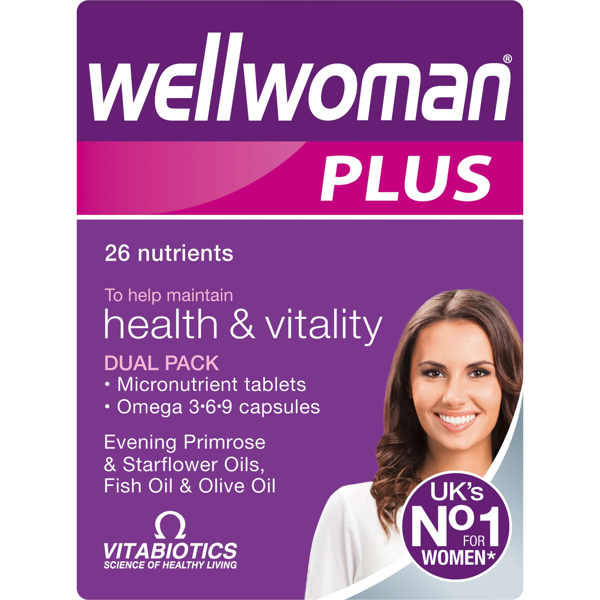 Wellwoman mostrando el envase frontal y la claridad del formato, marca y conveniencia