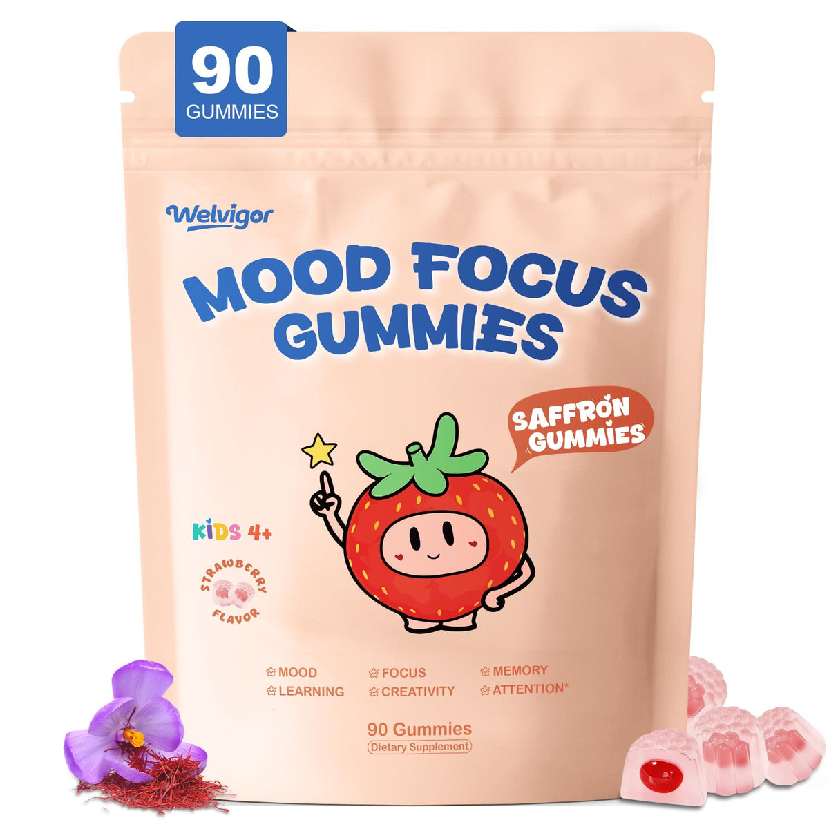Welvigor envase frontal mostrando 90 gominolas y beneficios para el ánimo