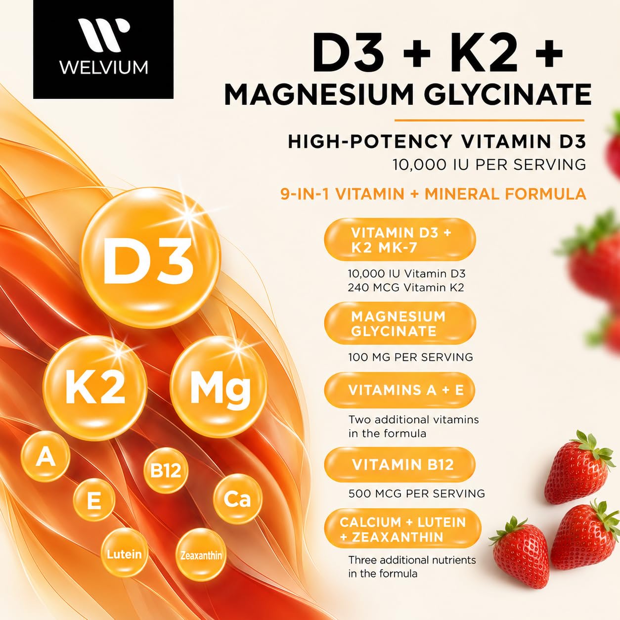 WELVIUM etiqueta nutricional clara mostrando cantidades de D3, K2, calcio y magnesio