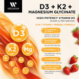 WELVIUM etiqueta nutricional clara mostrando cantidades de D3, K2, calcio y magnesio