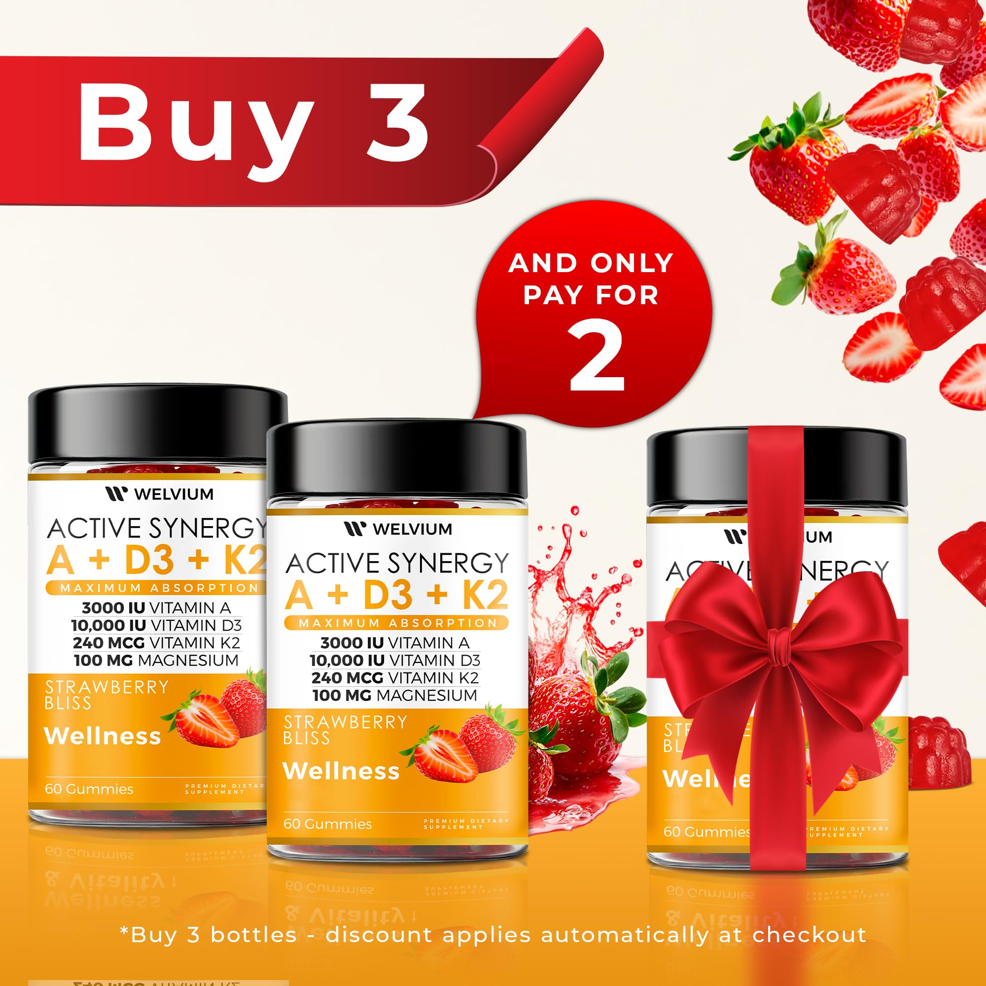 WELVIUM tabla de ingredientes mostrando vitaminas A, D3, K2, luteína y B12