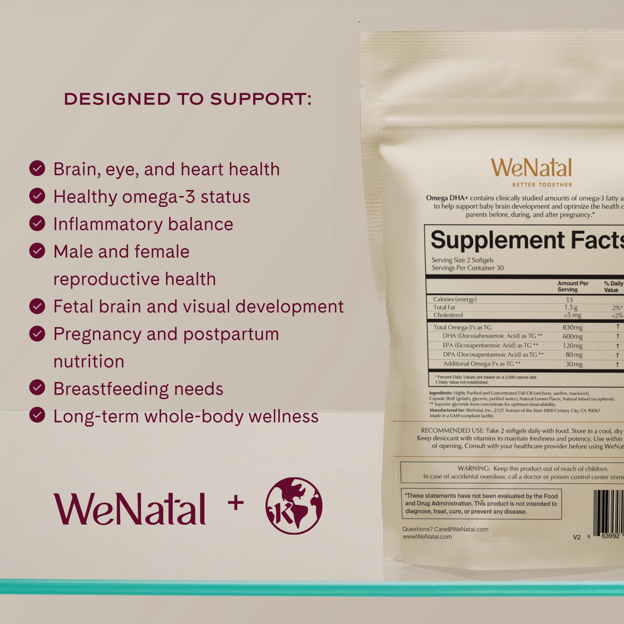 WeNatal aceite derramado en superficie, mostrando textura pura y frescura del omega‑3