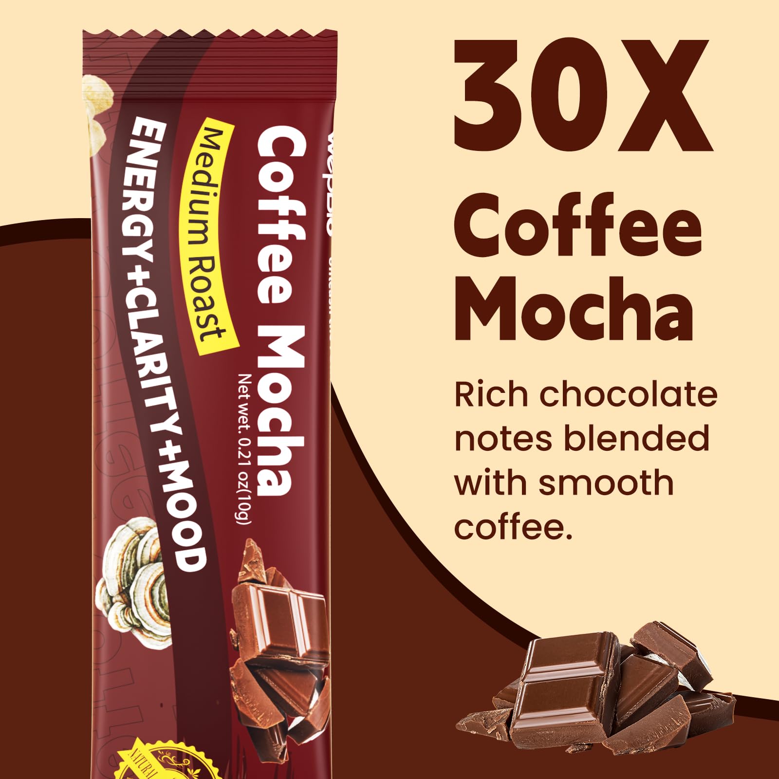 WepBio polvo mocha en mano destacando textura soluble y mezcla instantánea