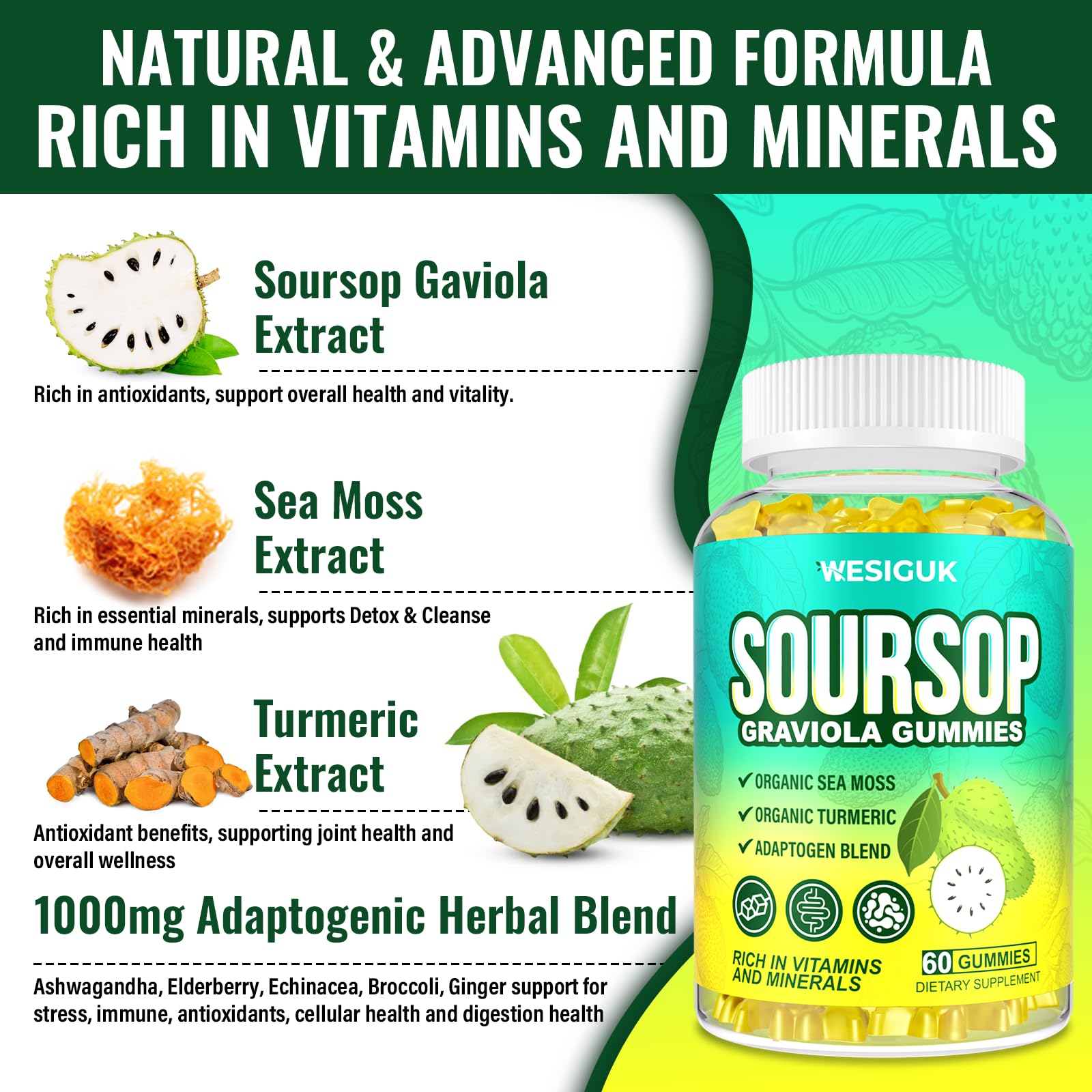 Wesiguk ingredientes sea moss y cúrcuma orgánicos en primer plano