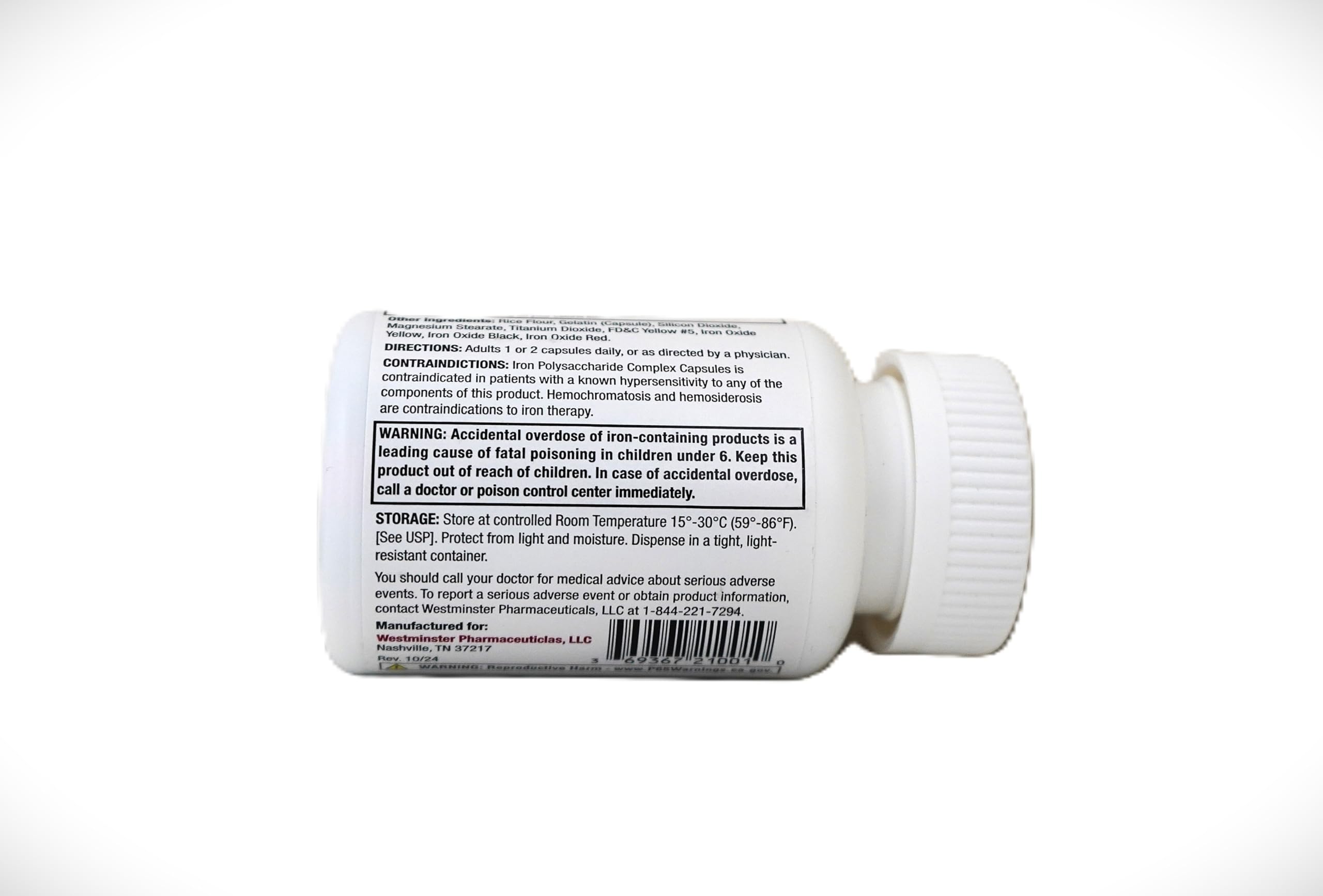 Westminster Pharmaceuticals etiqueta nutricional legible con información de hierro elemental