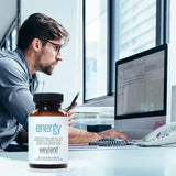 Weyland Brain Nutrition Energy frasco sobre escritorio, beneficio productividad