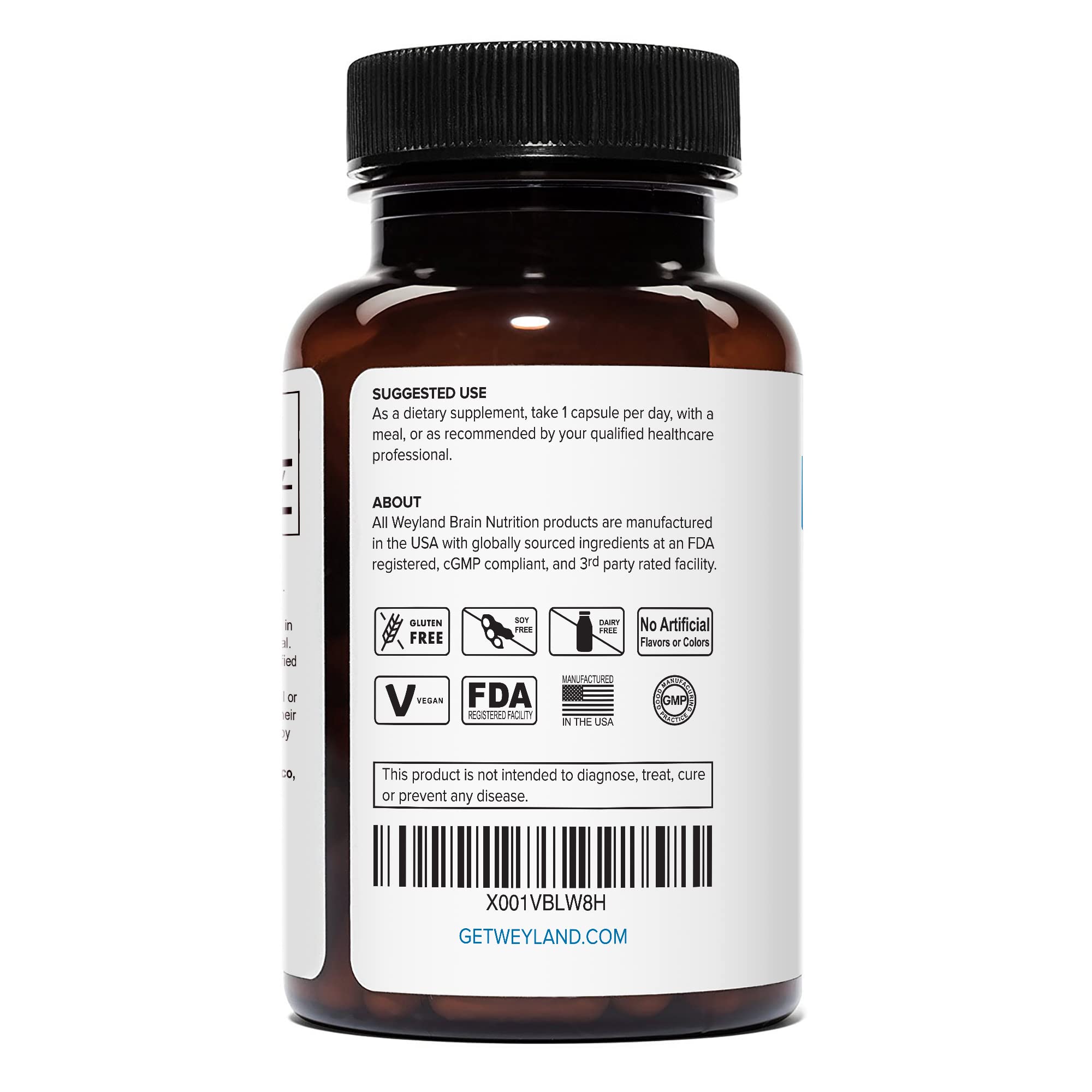 Weyland Brain Nutrition mano sosteniendo cápsula para visualizar tamaño