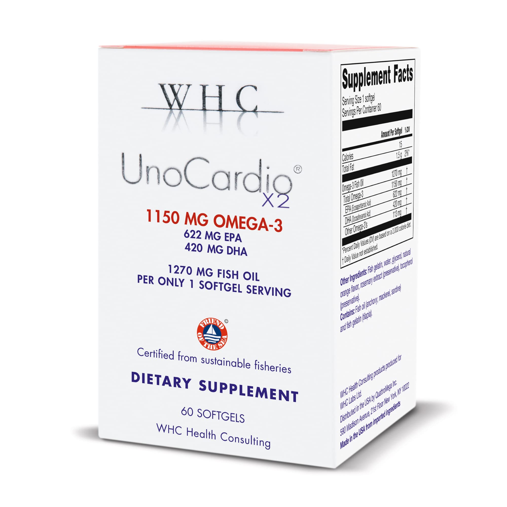 WHC UnoCardio X2 frontal del envase mostrando información de dosis y sabor
