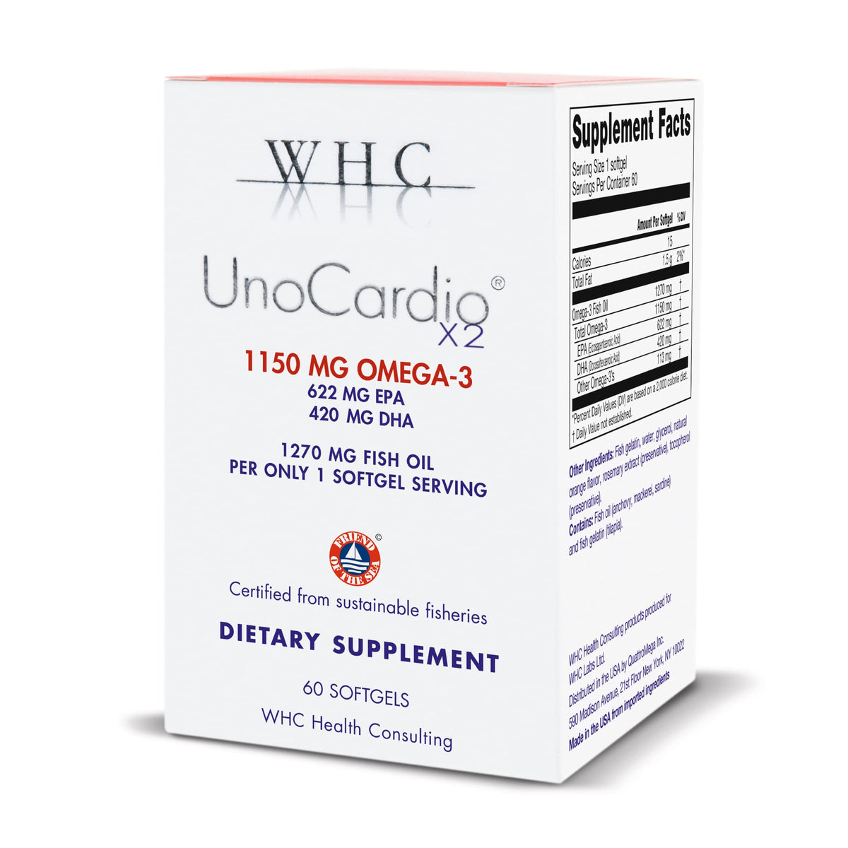 WHC UnoCardio X2 frontal del envase mostrando información de dosis y sabor