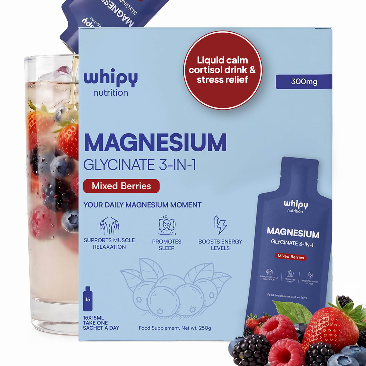 Whipy Nutrition frontal del paquete mostrando sachets y beneficio de dosis portátil