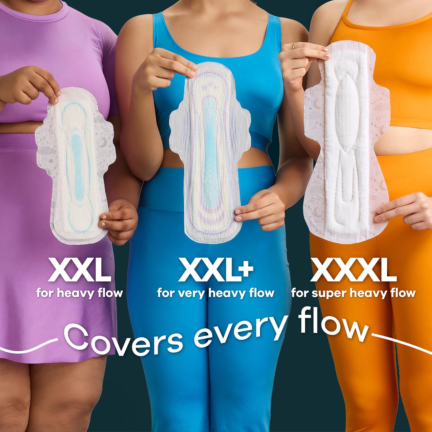 Whisper toalla al lado de regla mostrando tamaño XXXL y cobertura extendida