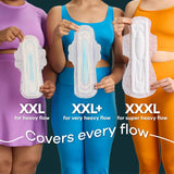 Whisper toalla al lado de regla mostrando tamaño XXXL y cobertura extendida