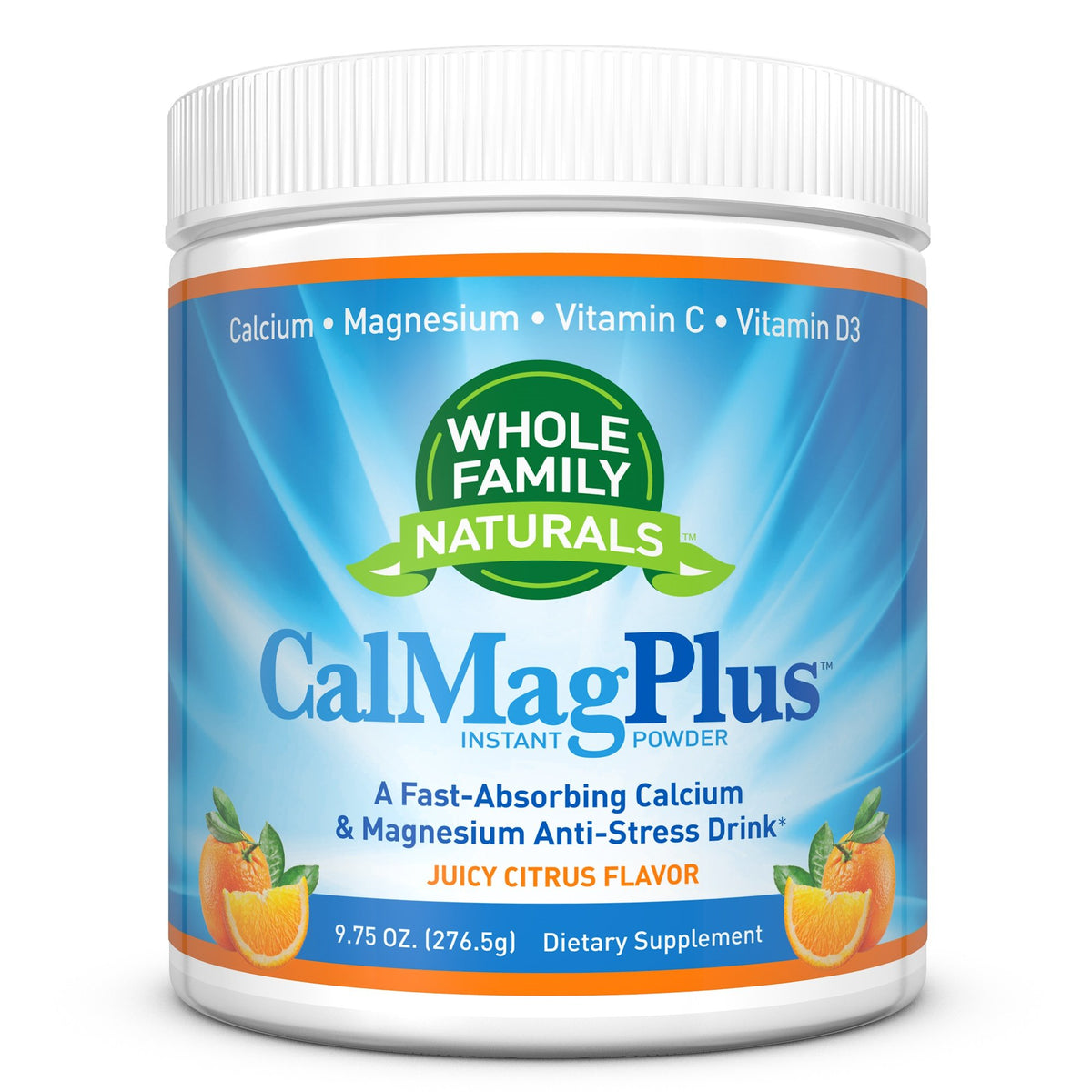 Whole Family Naturals envase CalMag Plus al frente mostrando el diseño y sabor naranja