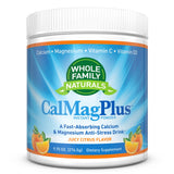 Whole Family Naturals envase CalMag Plus al frente mostrando el diseño y sabor naranja