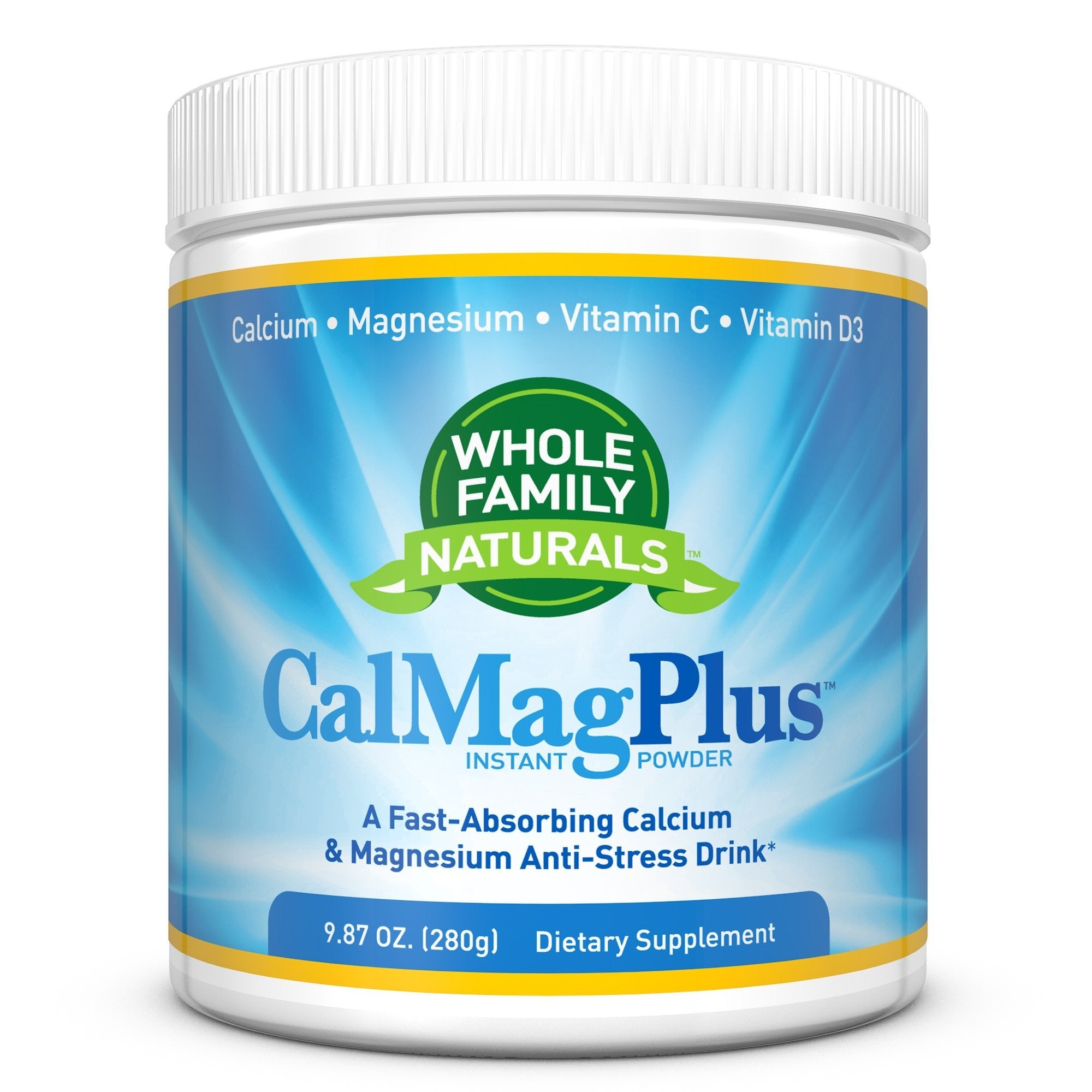 Whole Family Naturals envase frontal de CalMag Plus mostrando pureza y calidad