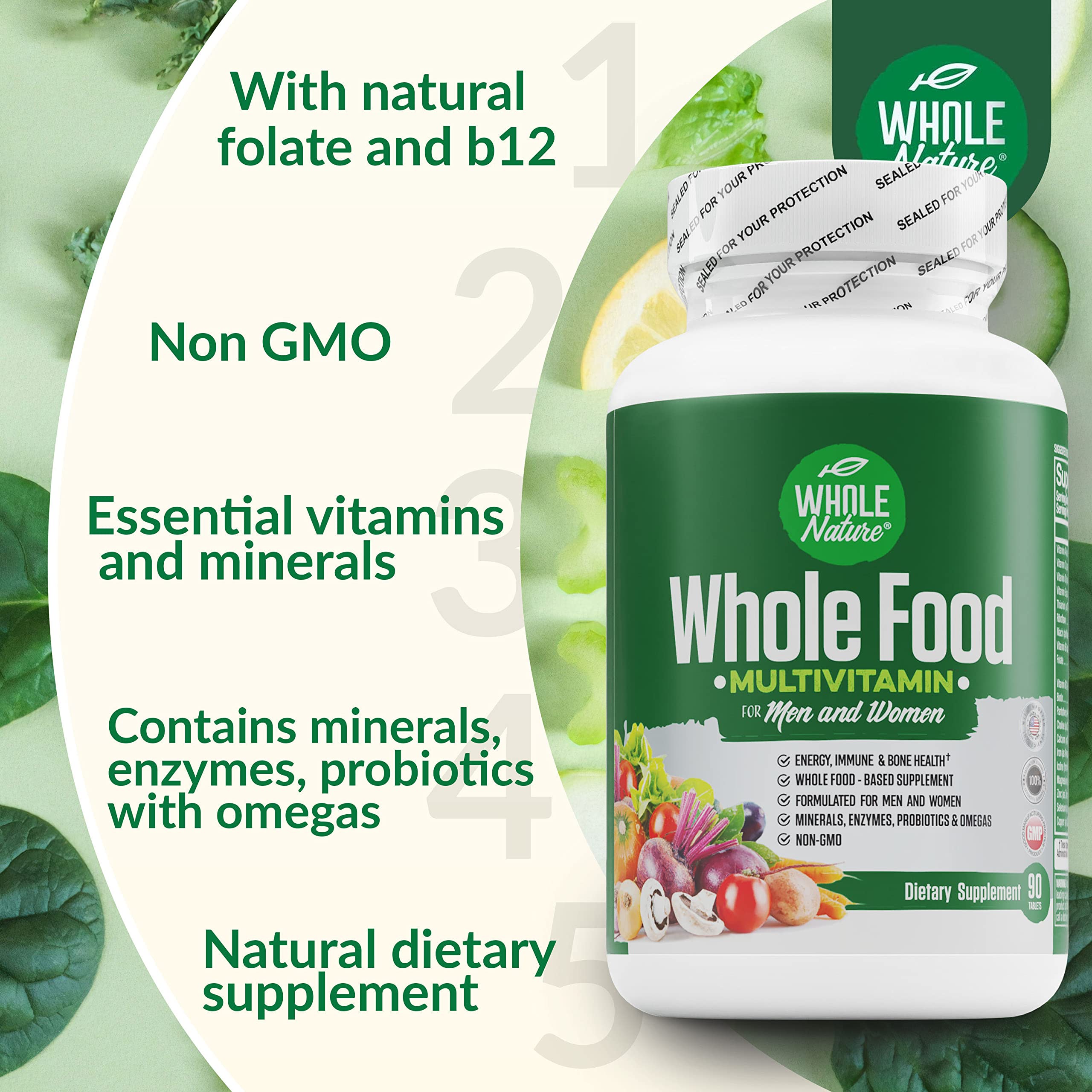 Whole Nature tabletas en primer plano, beneficio: textura y facilidad de ingestión