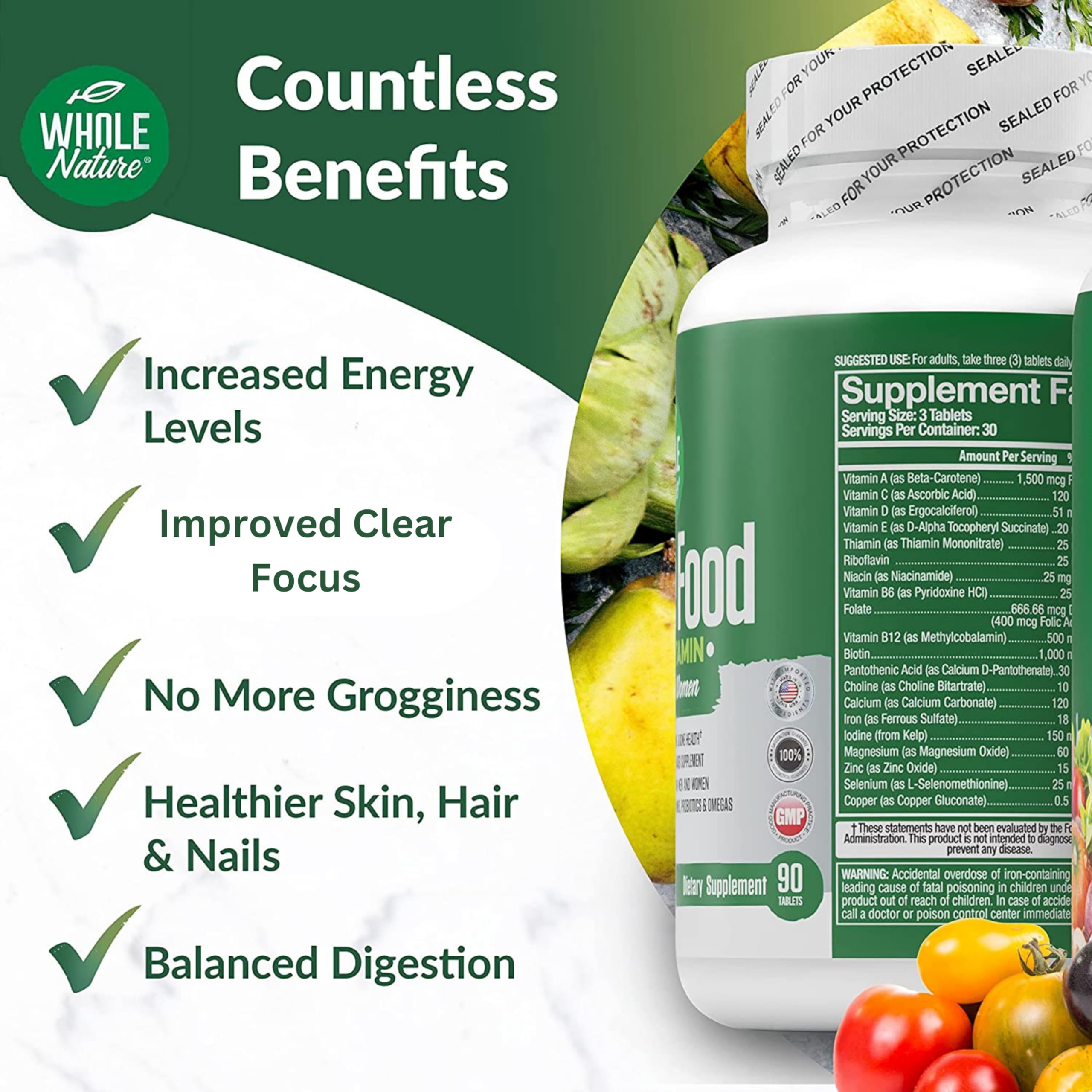Whole Nature detalle de ingredientes vegetales en polvo, beneficio: origen vegetal visible