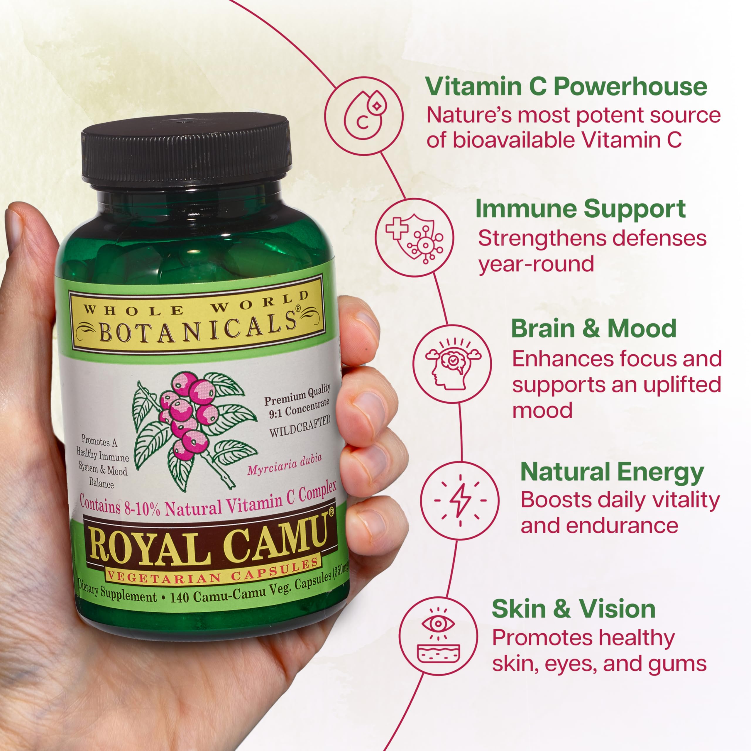Whole World BOTANICALS fruto de camu camu fresco resaltando origen natural