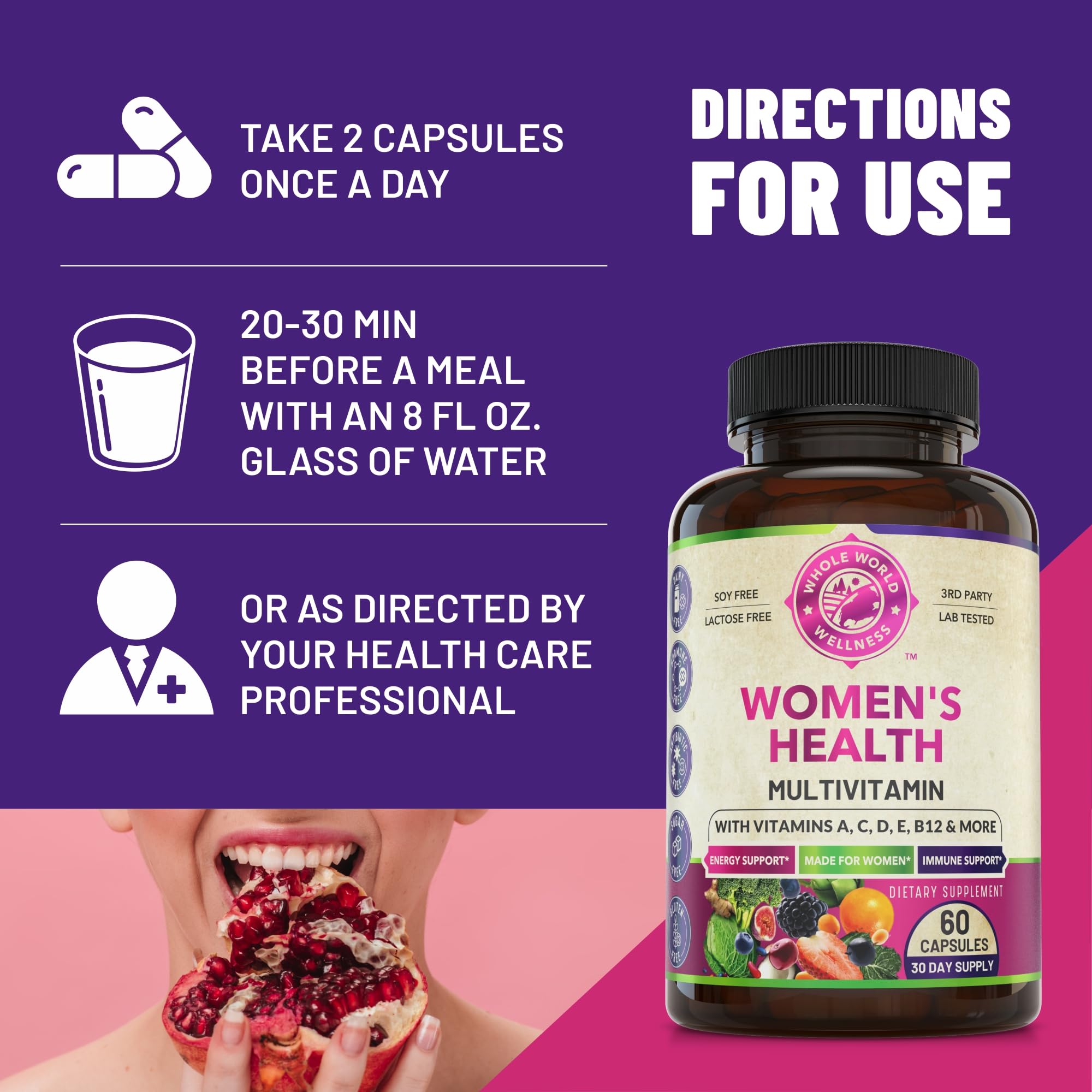 Whole World Wellness cápsulas con frutas, sugiere mezcla de nutrientes naturales