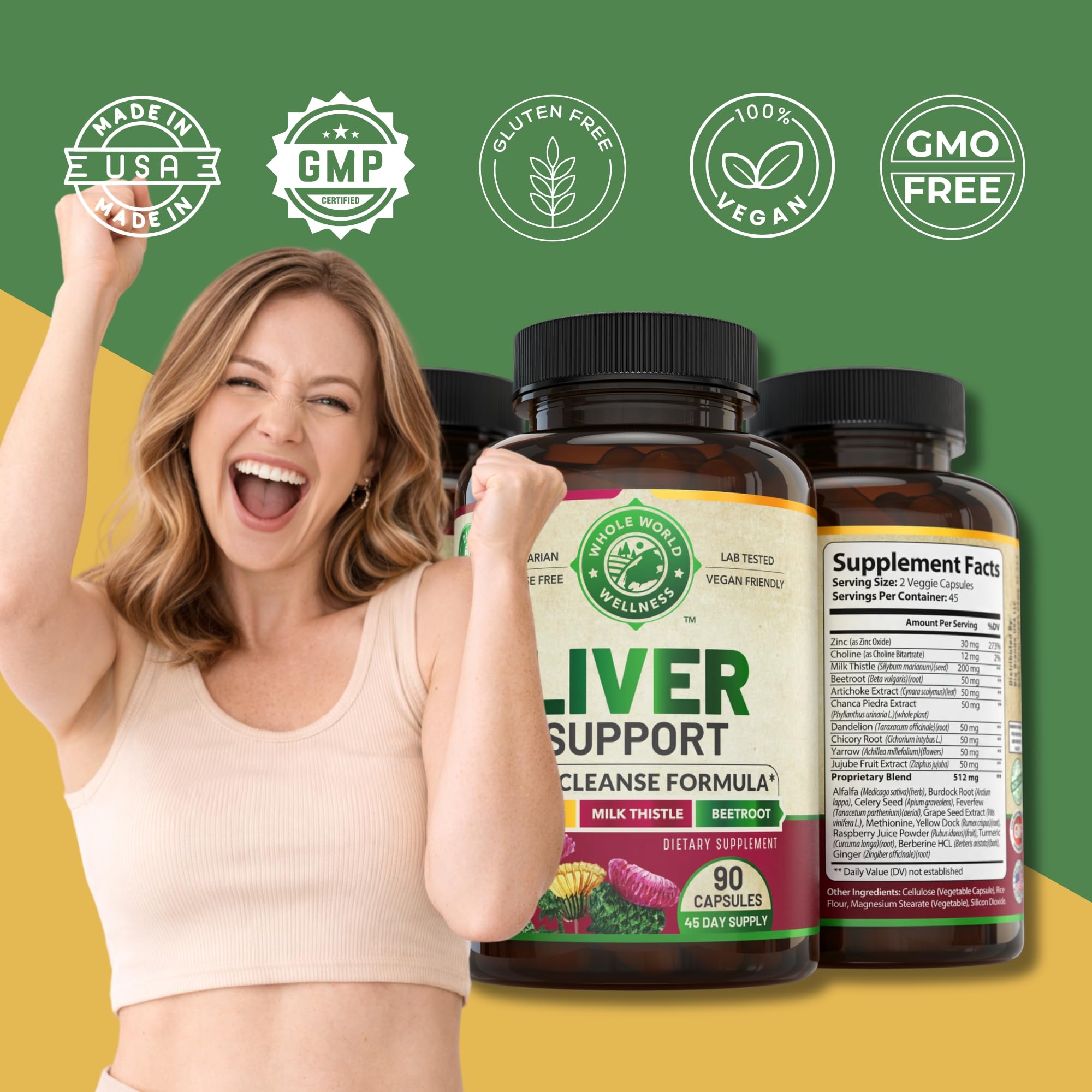WHOLE WORLD WELLNESS frasco en mano para apreciar escala y ver suministro de 45 días
