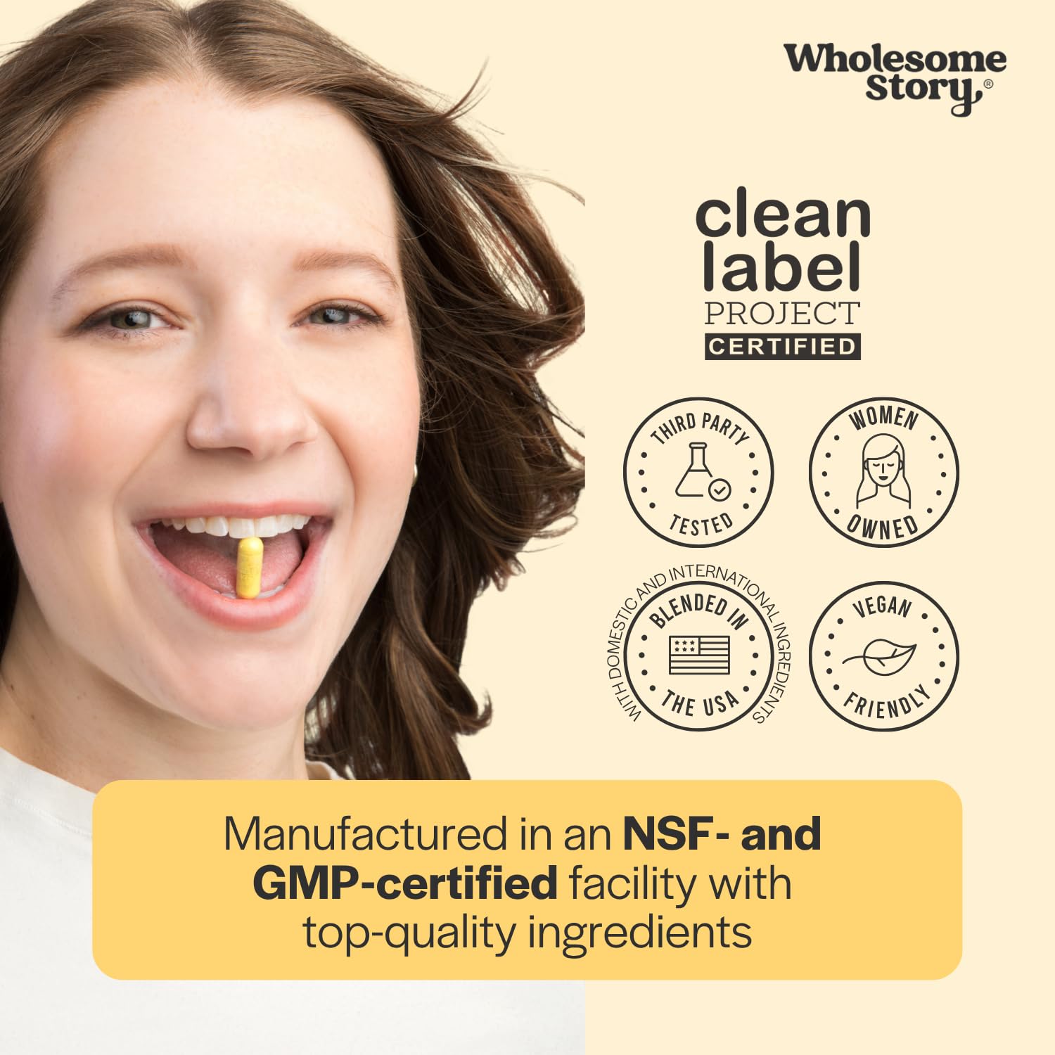 Wholesome Story etiqueta nutricional destacando 500 mg por cápsula