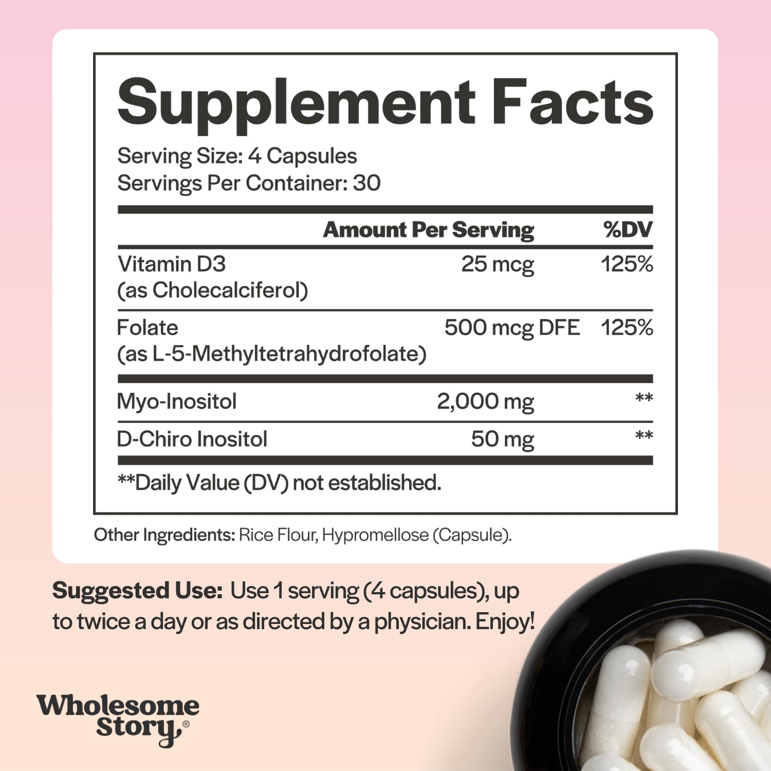 Wholesome Story ingredientes ilustrados myo inositol d‑chiro mthf y vitamina D