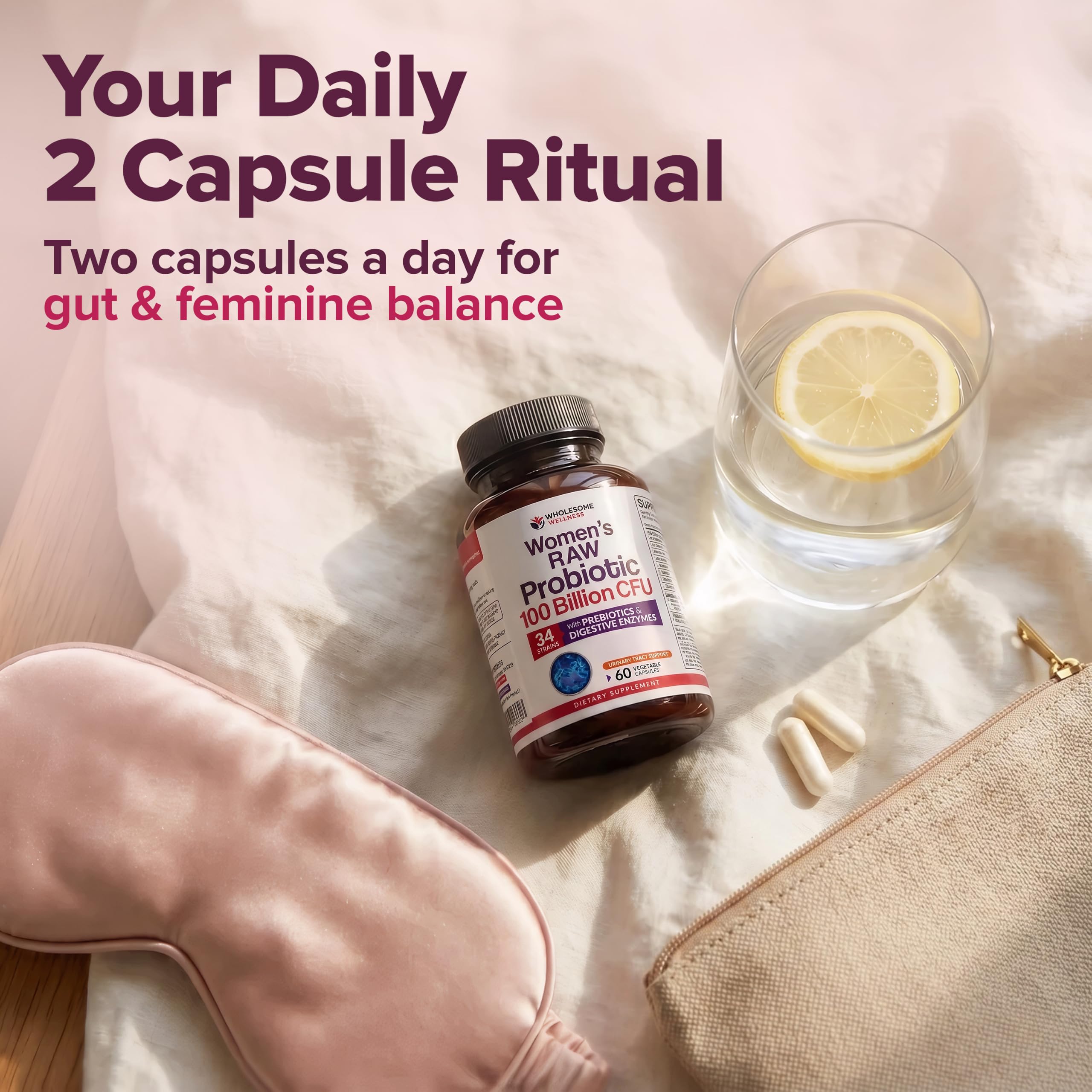 Wholesome Wellness botella abierta con cápsulas listas para tomar