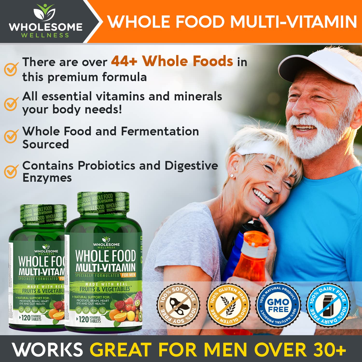 Wholesome Wellness etiqueta con lista de ingredientes y sellos sin OGM ni gluten