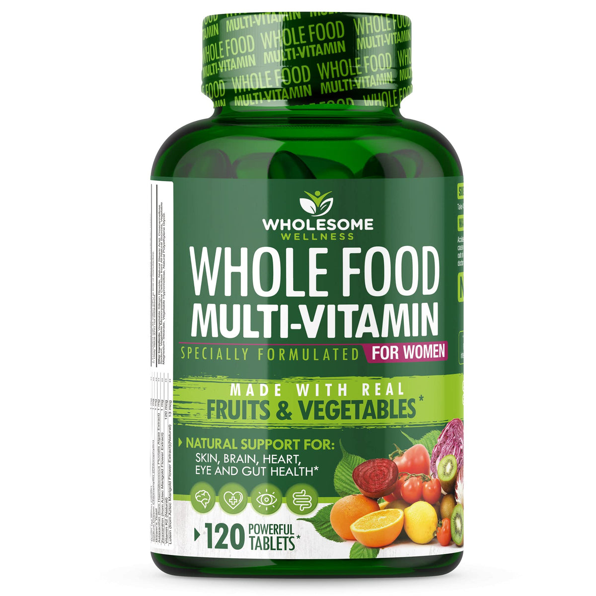 Wholesome Wellness frasco frontal mostrando 120 tabletas y etiqueta clara