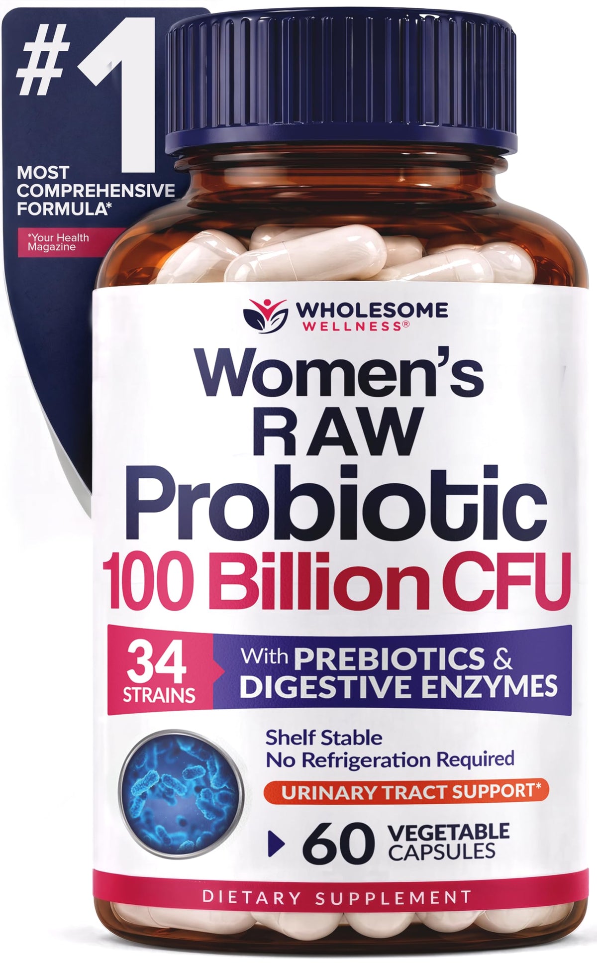 Wholesome Wellness empaque frontal mostrando fórmula femenina y beneficios