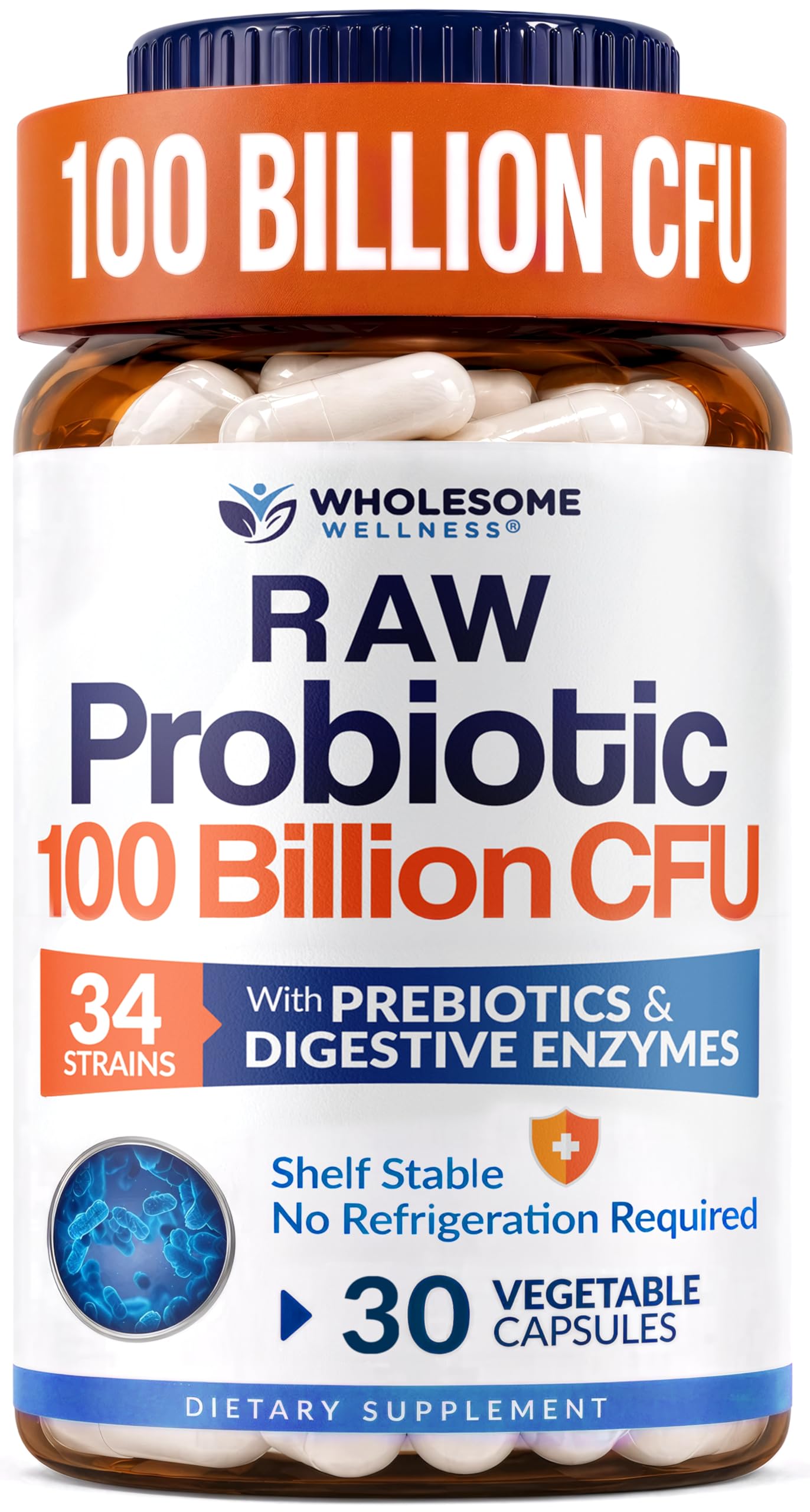 Wholesome Wellness envase frontal mostrando 100B UFC y 34 cepas para confianza