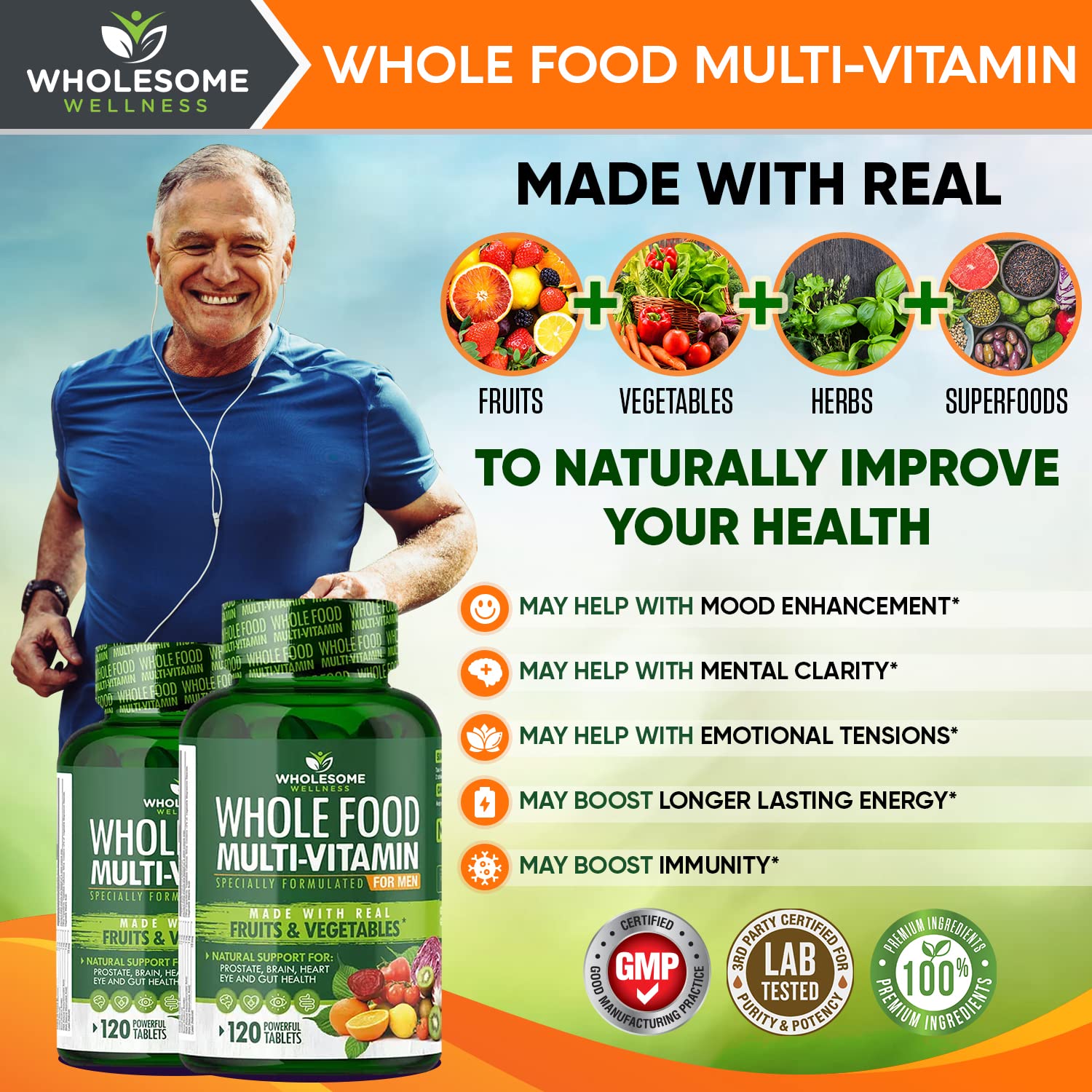 Wholesome Wellness ingredientes naturales: frutas, verduras y extractos en display