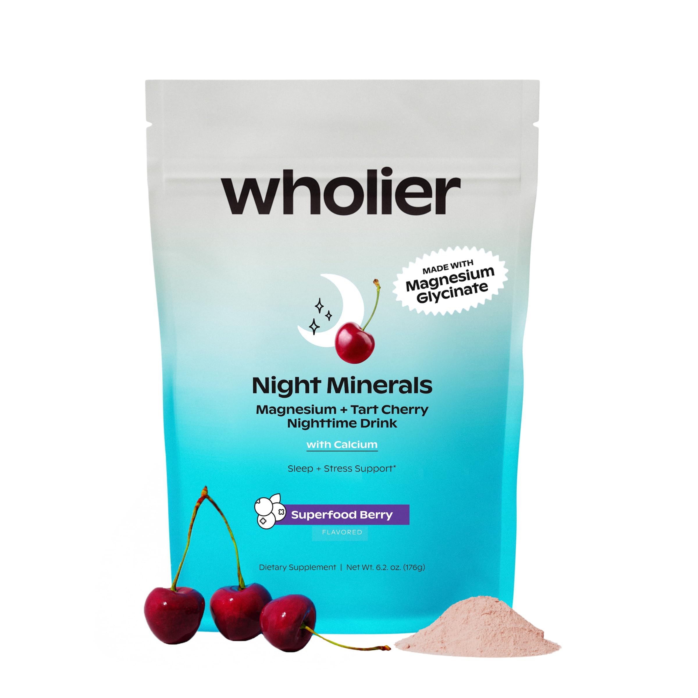Envase wholier Night Minerals visto de frente mostrando etiqueta y 25 servicios, práctico para noche