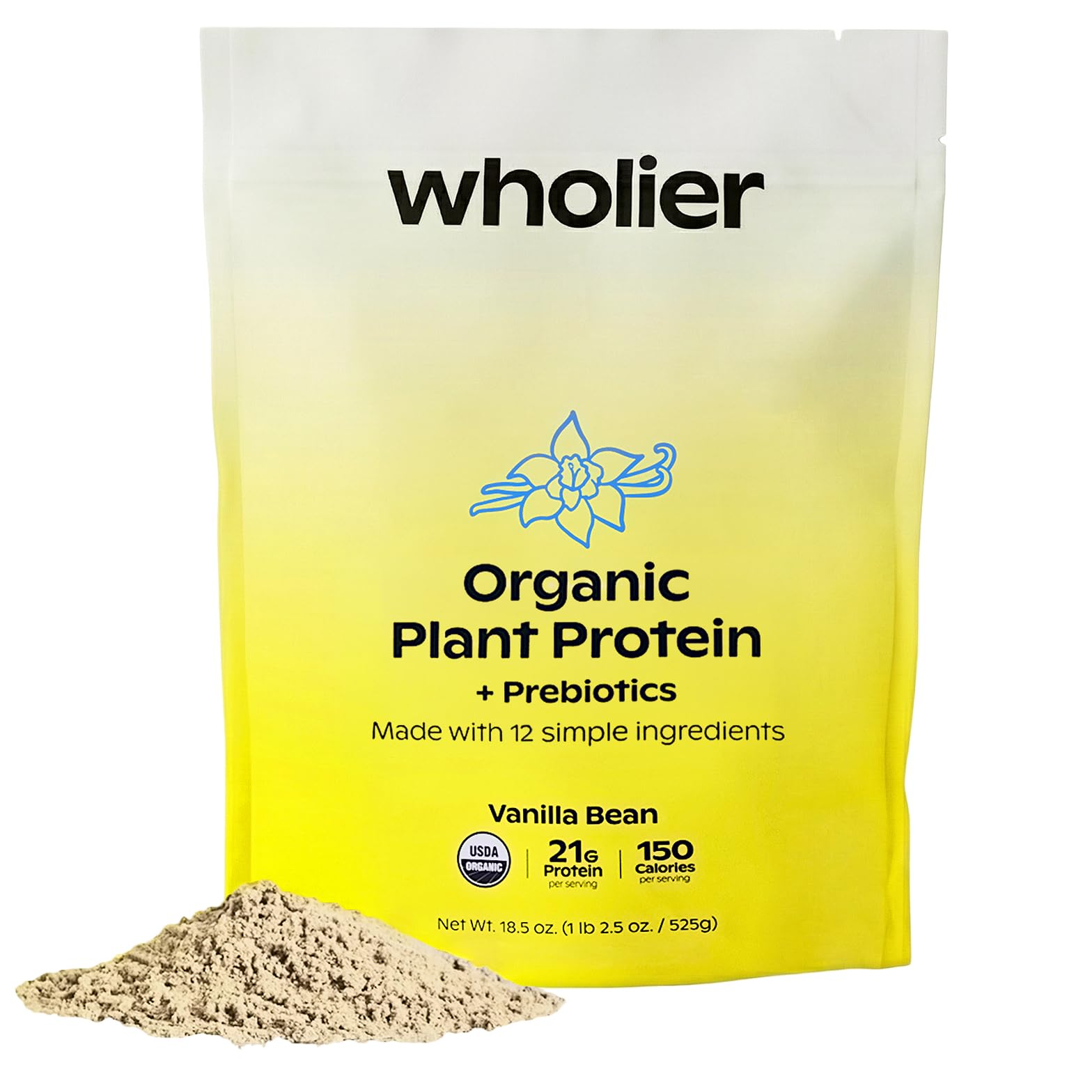 wholier frente del paquete mostrando 21 g proteína y sello orgánico