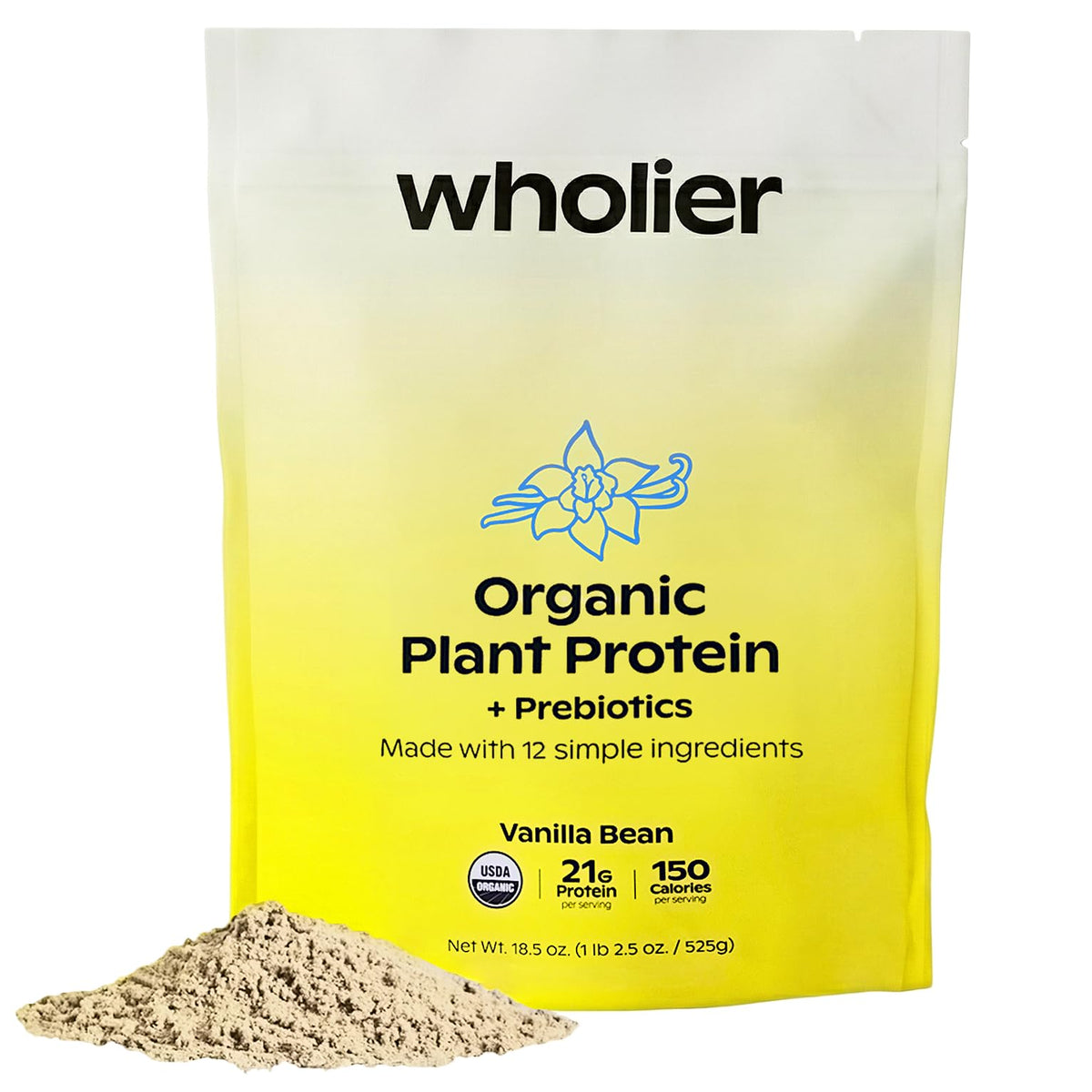 wholier frente del paquete mostrando 21 g proteína y sello orgánico