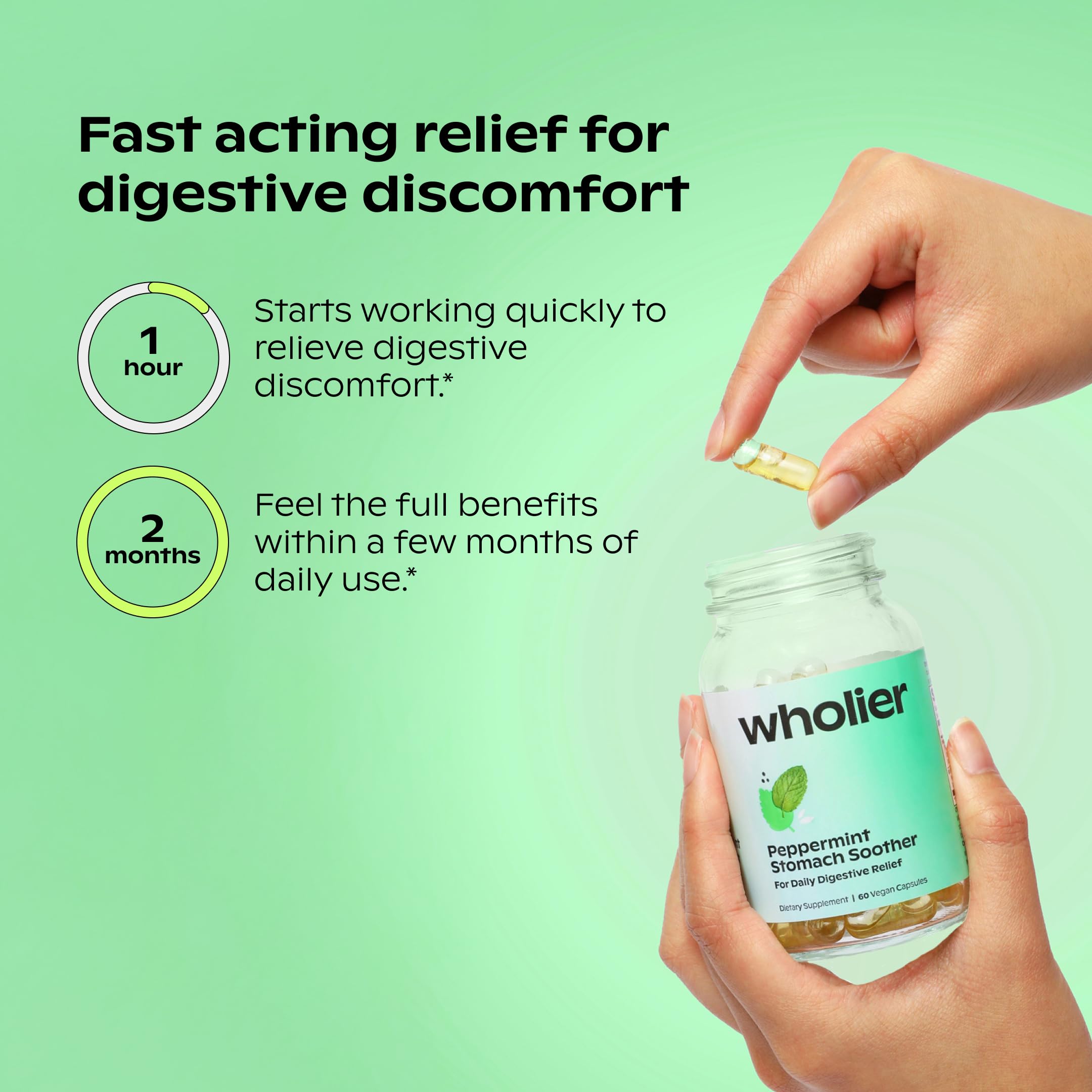 wholier frasco junto a menta, jengibre y hinojo indicando ingredientes botánicos