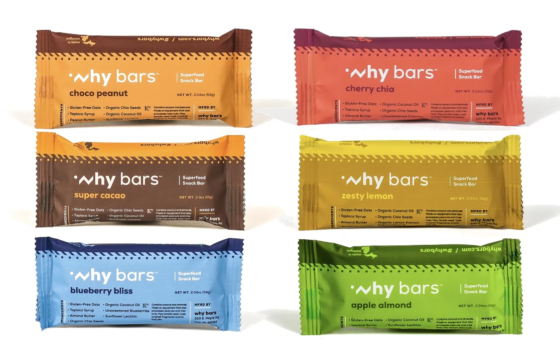 Why Bars frente del empaque mostrando variedad y conveniencia