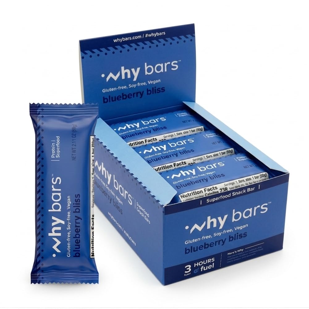 Why Bars frente del empaque mostrando sabor arándano y beneficio portátil